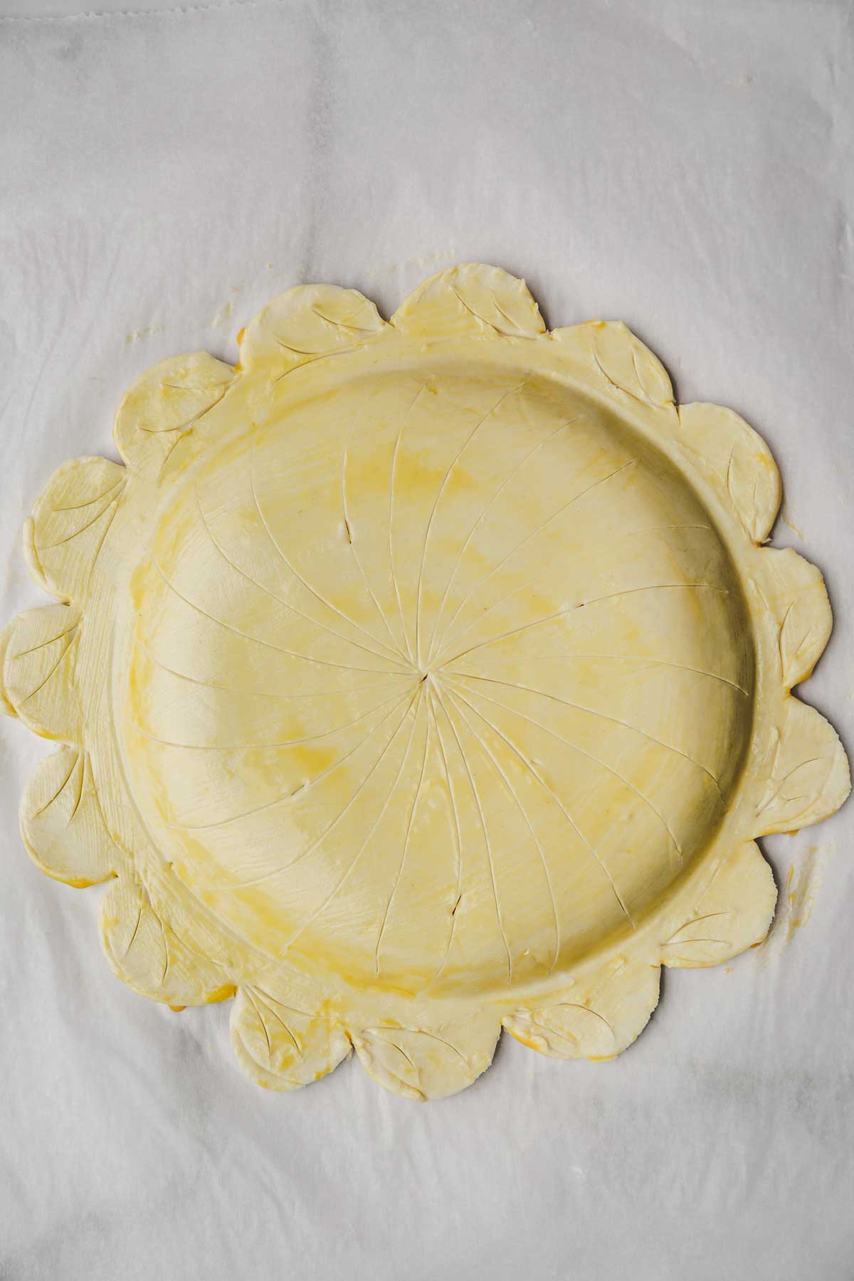 Puff pastry pithivier before baking