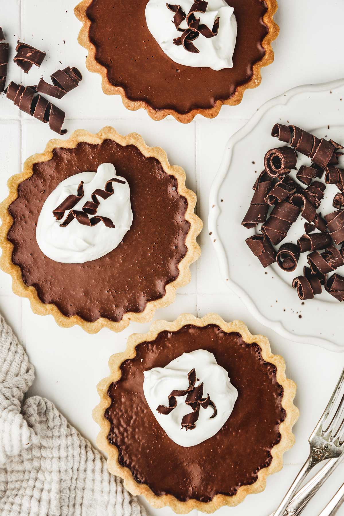 chocolate tartlets on a plate on a table