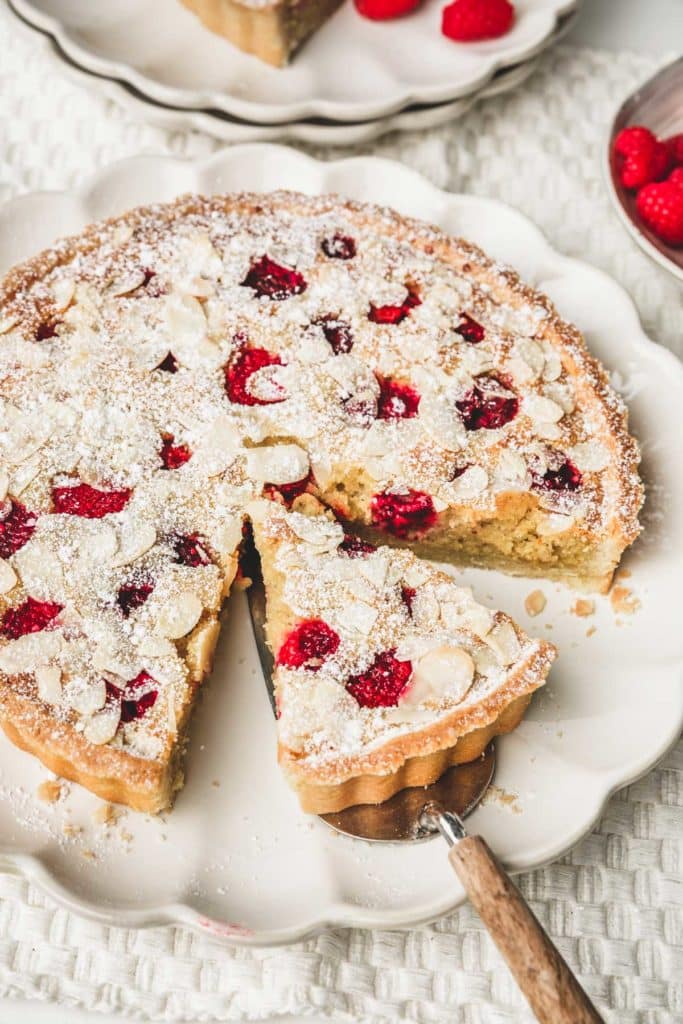 slice of frangipane tart served on a plate