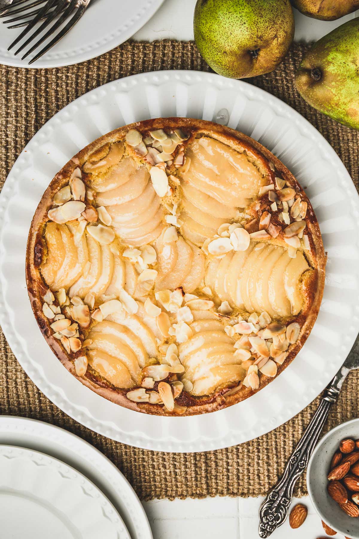 frangipane pear tart on a table
