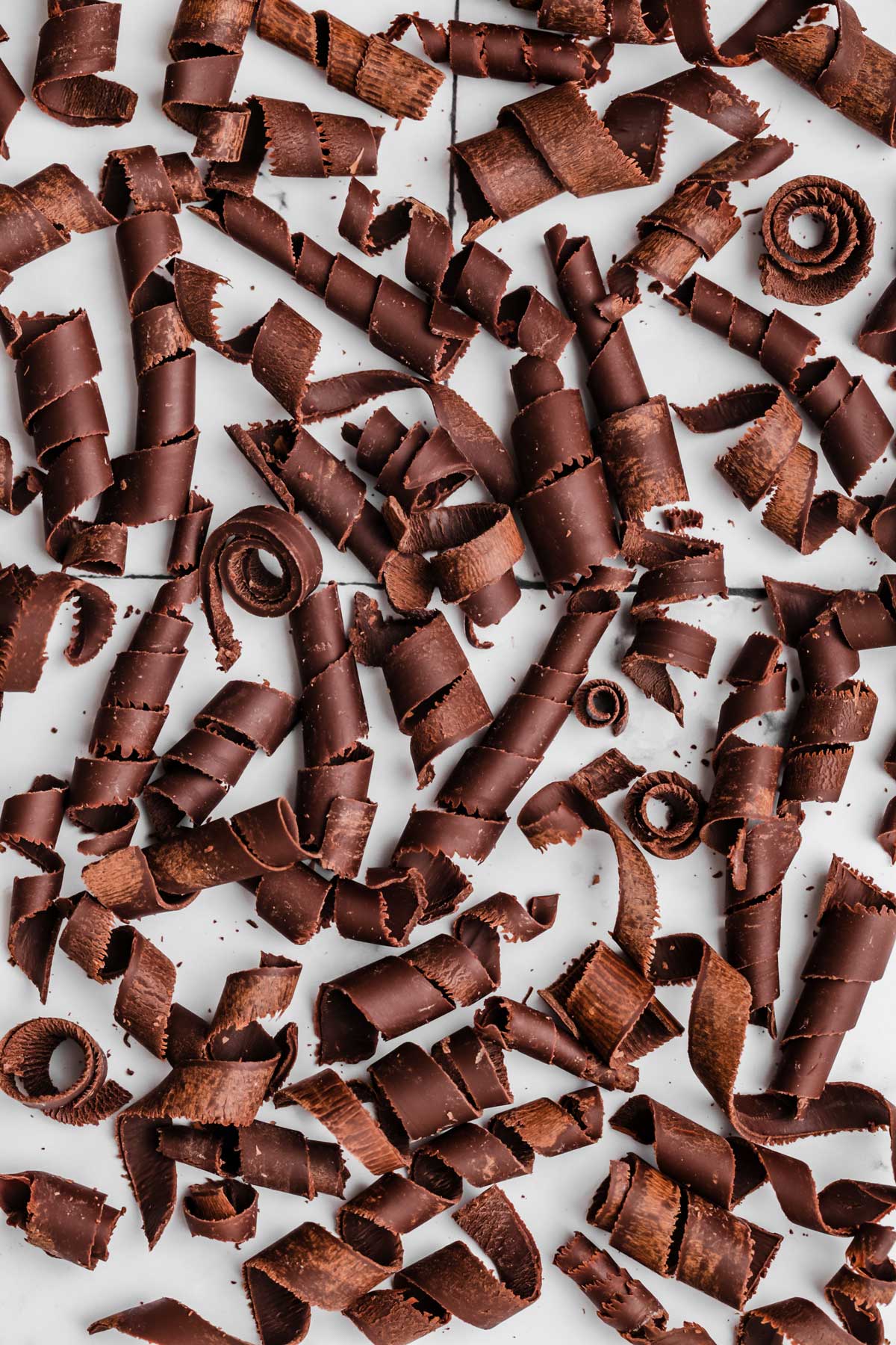 chocolate curls on work surface