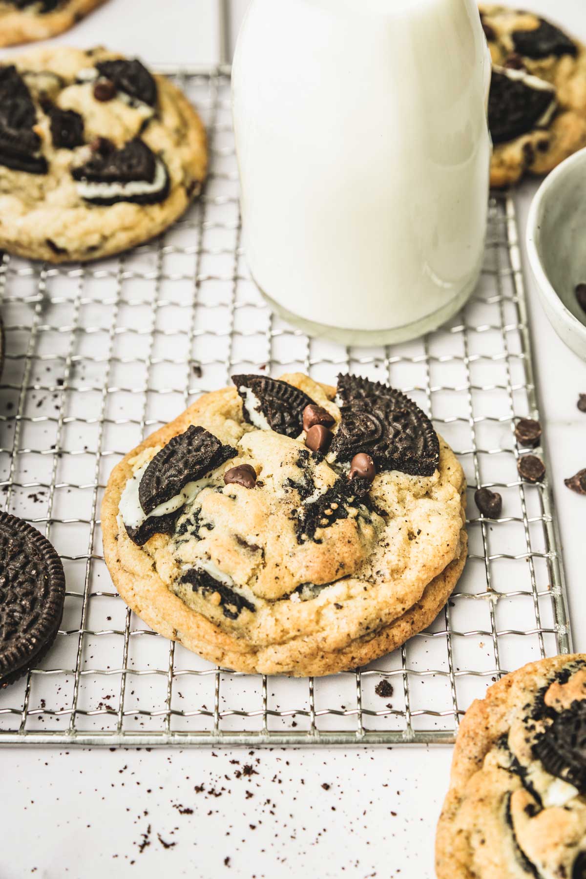 chocolate chip oreo cookies on a wire rack