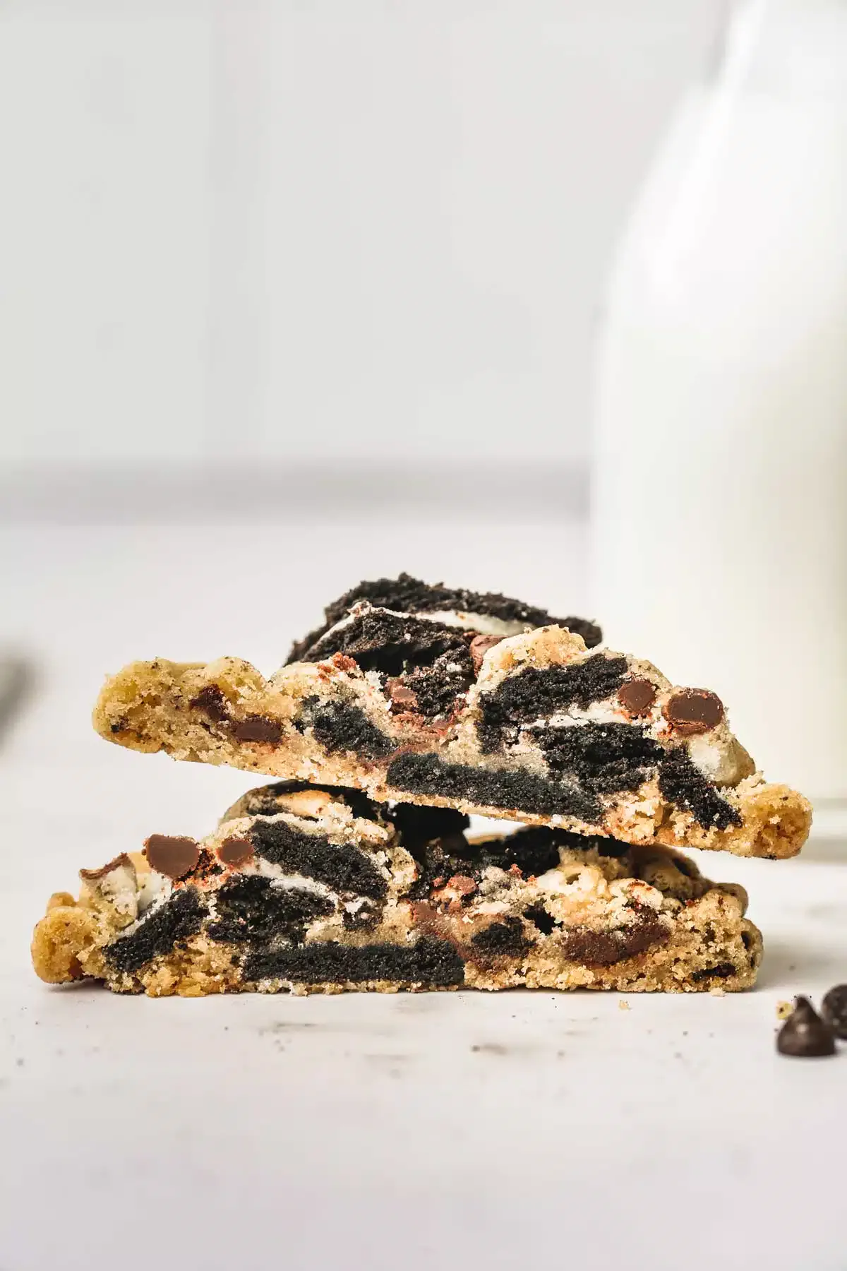 oreo chocolate chip cookie cut in half