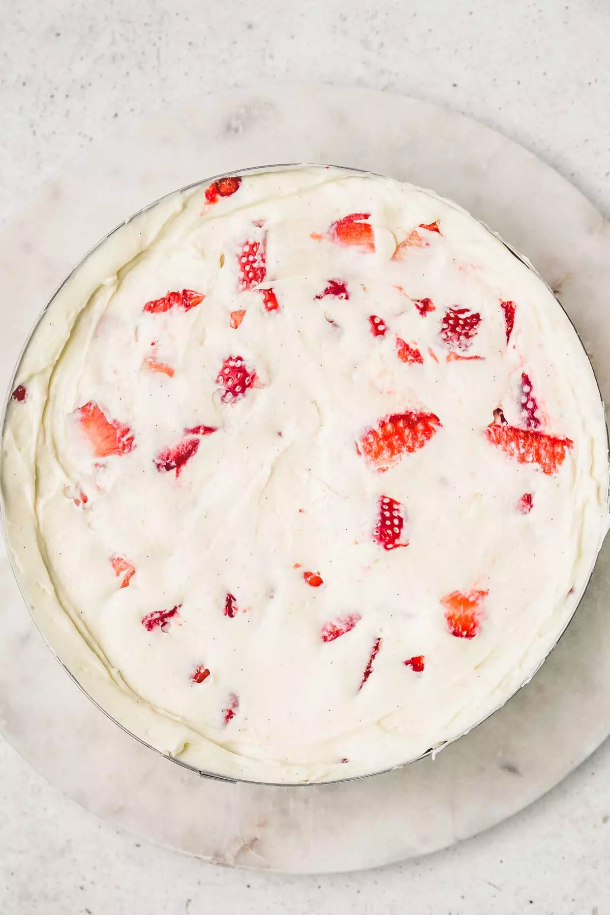 cake ring with diplomat cream and strawberry chunks