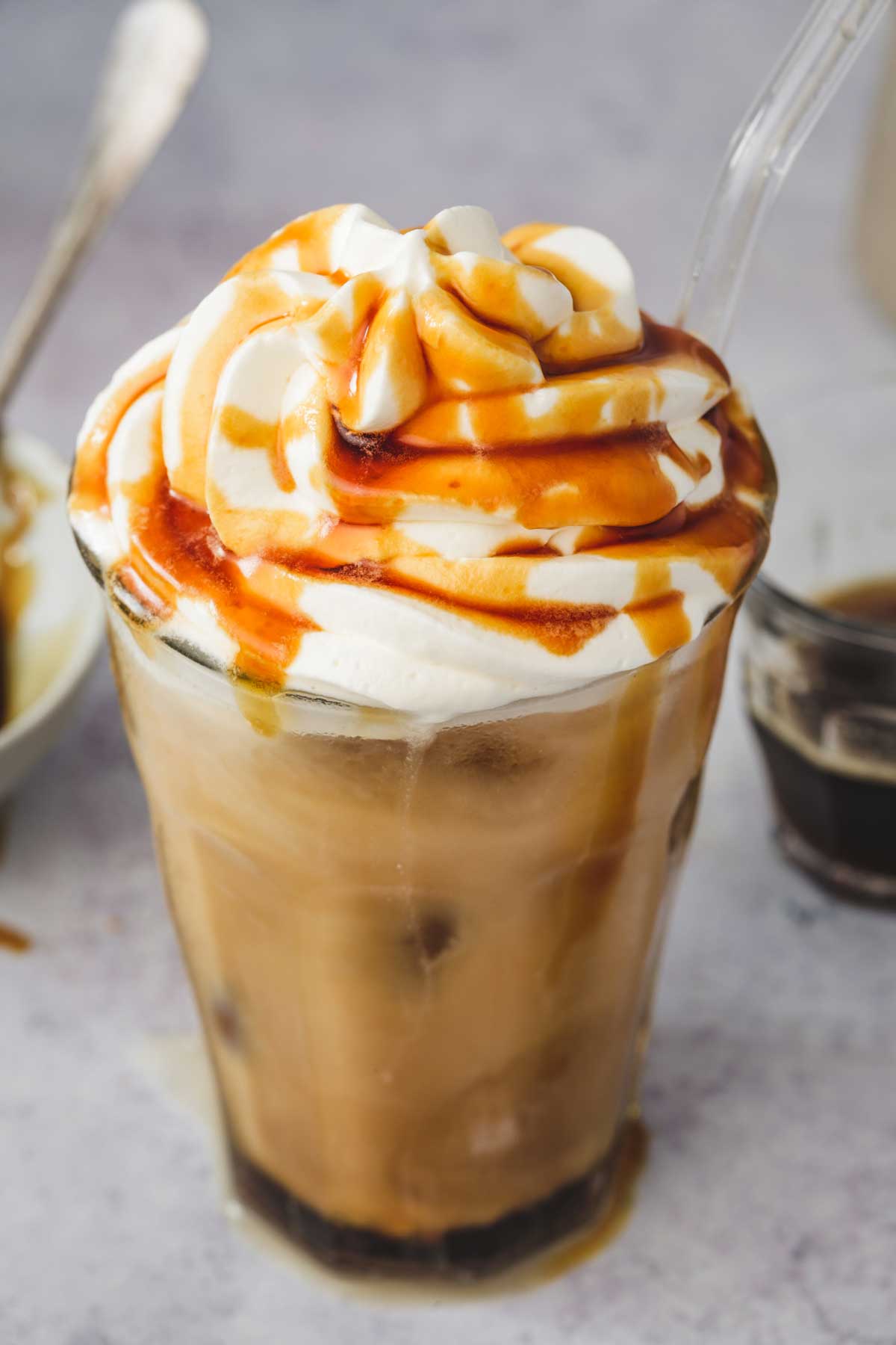 iced caramel coffee on a table 