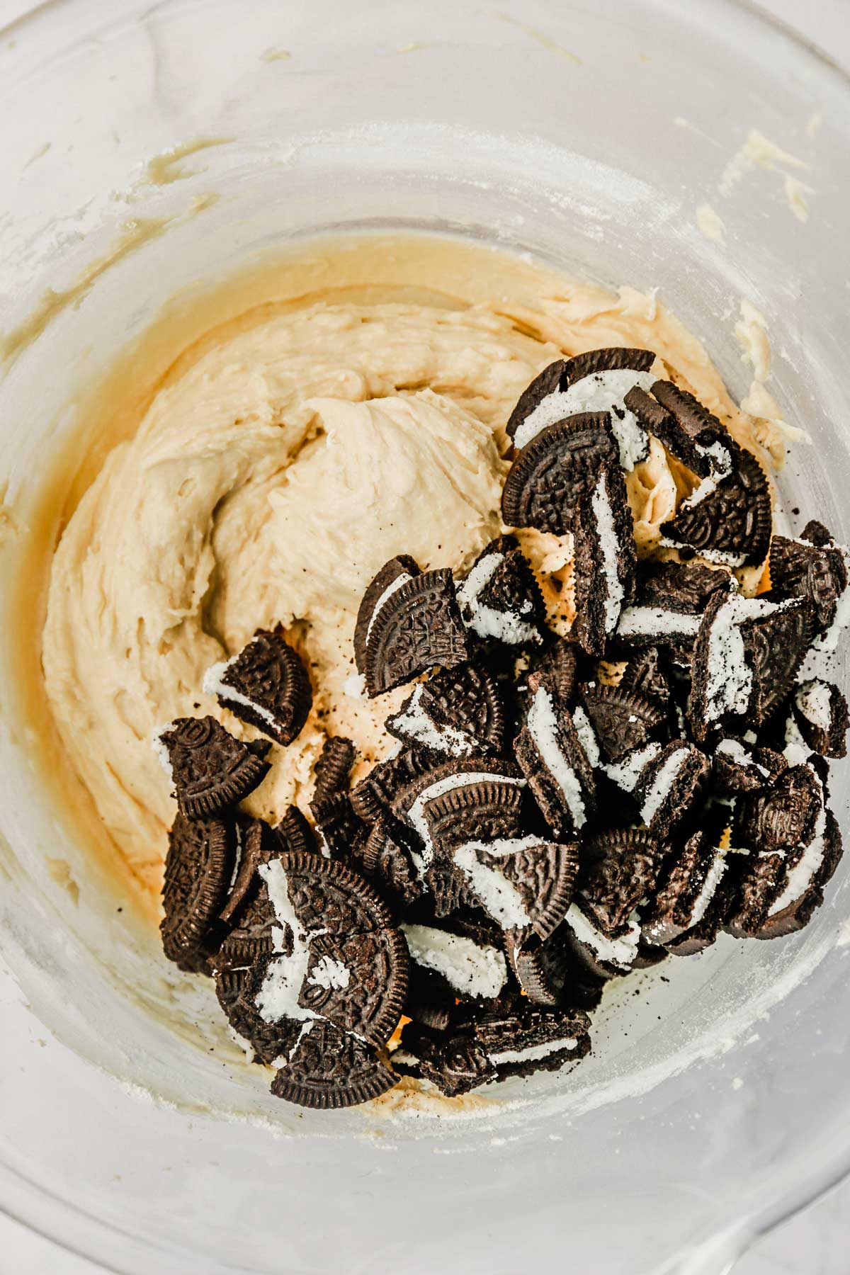 bowl with cookie dough and crushed oreos