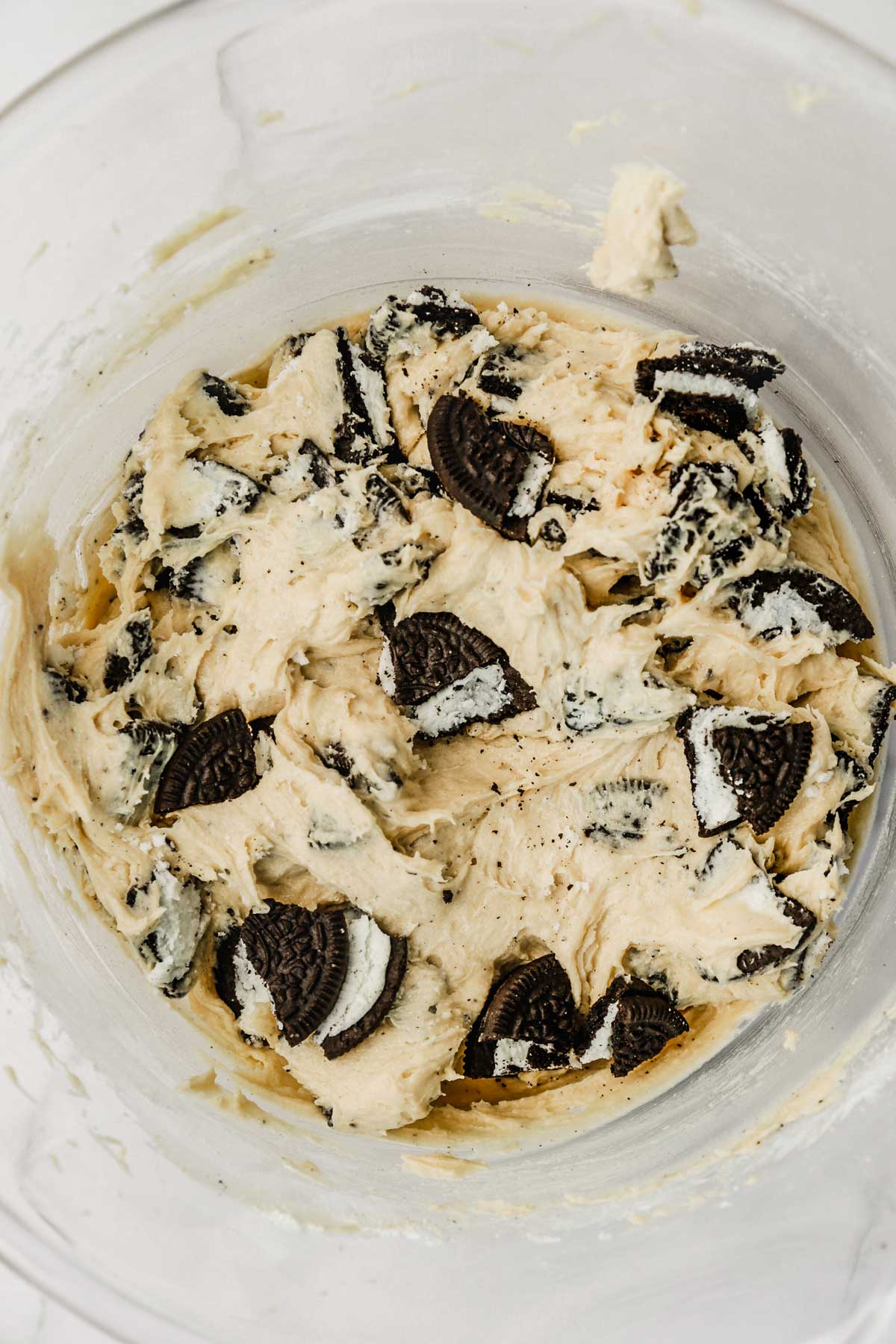 large bowl with oreo cheeecake cookie batter