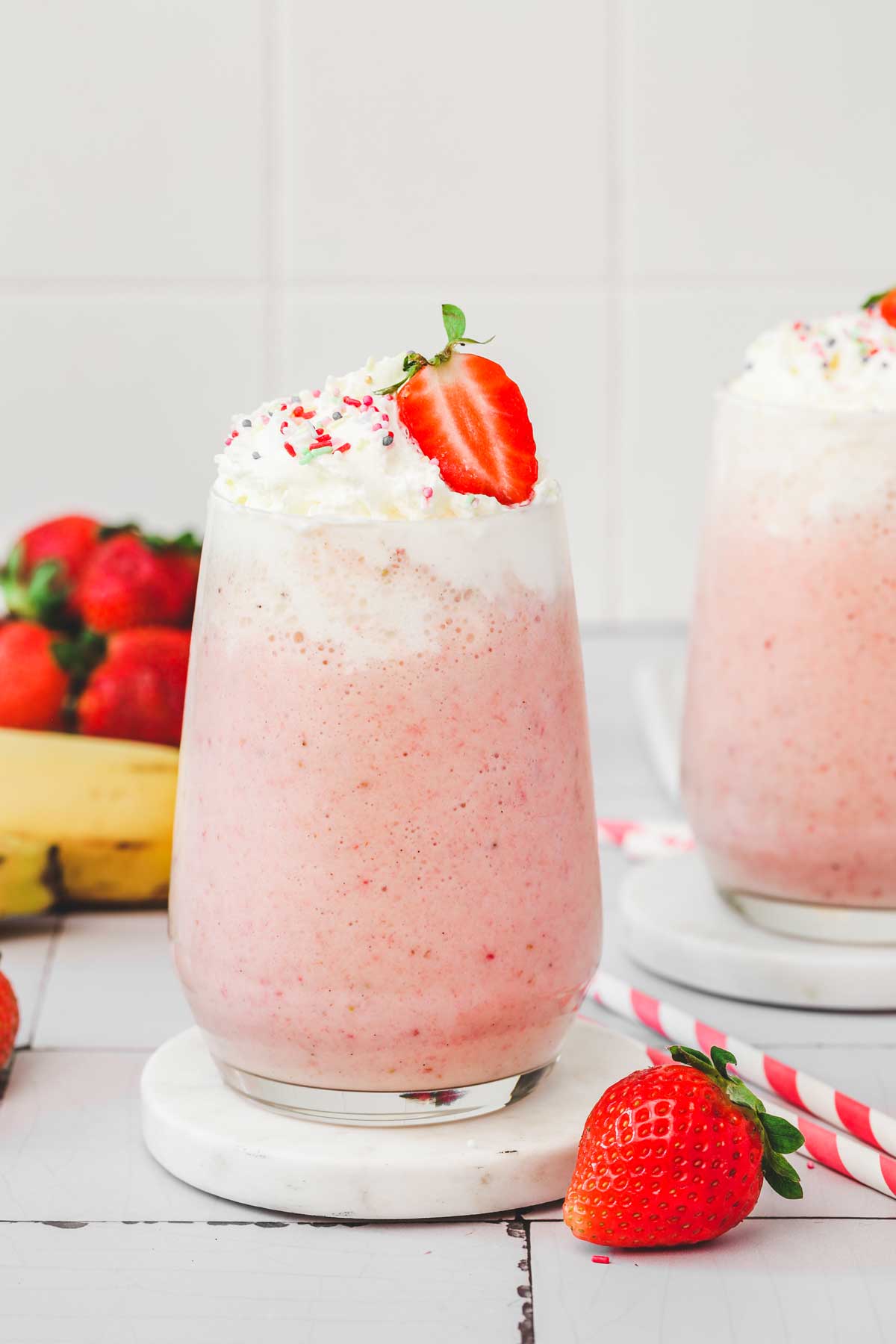 strawberry banana milkshake on a glass