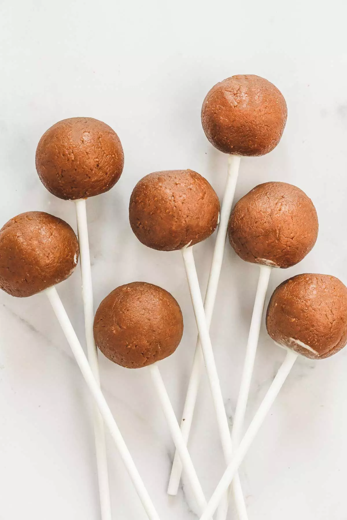 Biscoff cake pops on sticks before dipping in chocolate