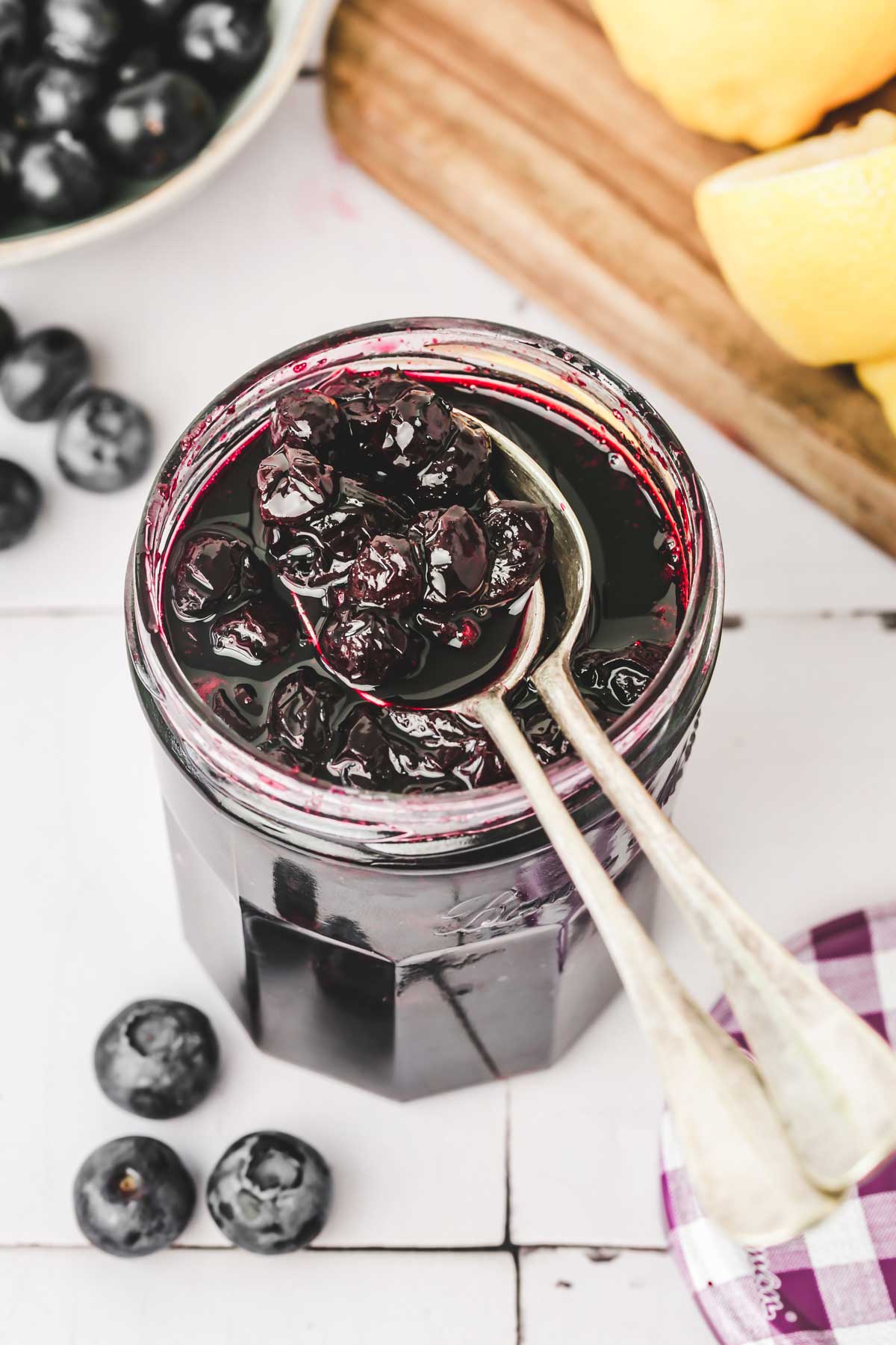 mason jar with blueberry sauce