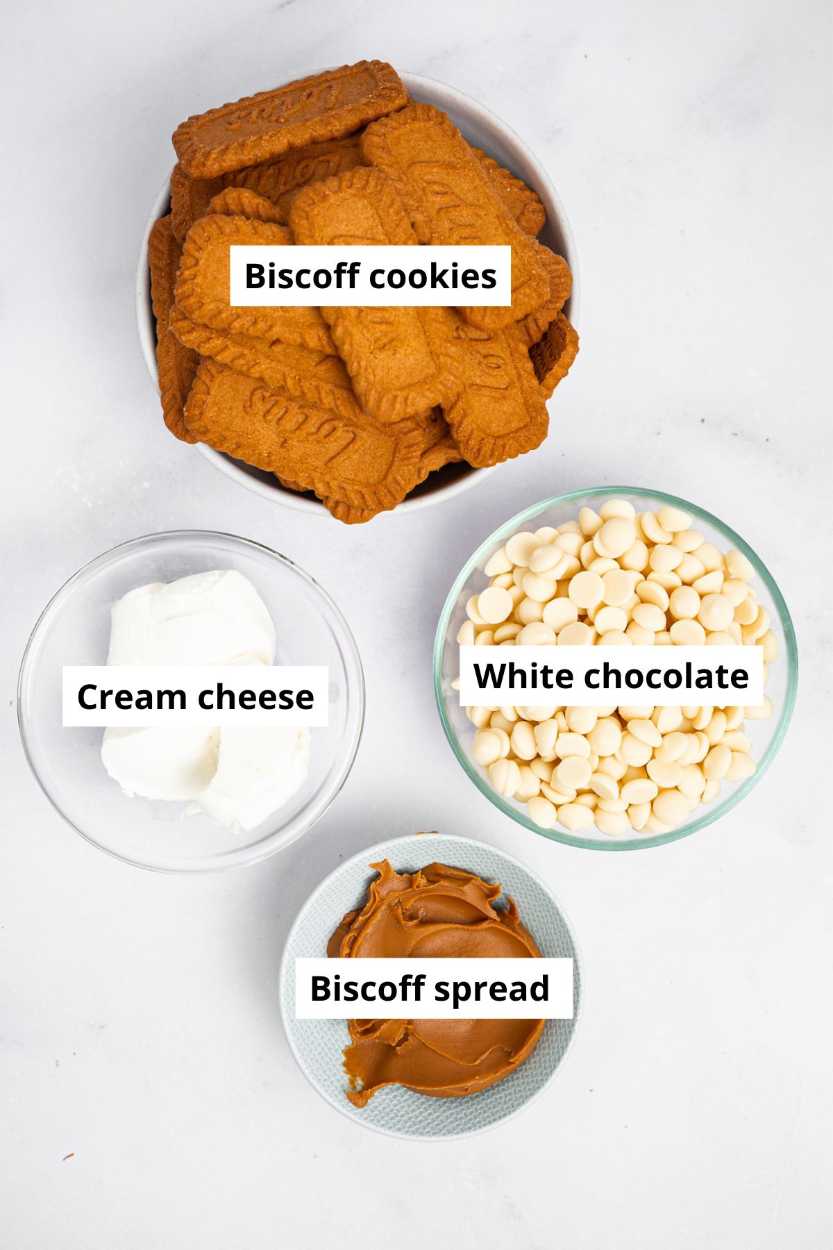 ingredients for biscoff cake pops in small bowls
