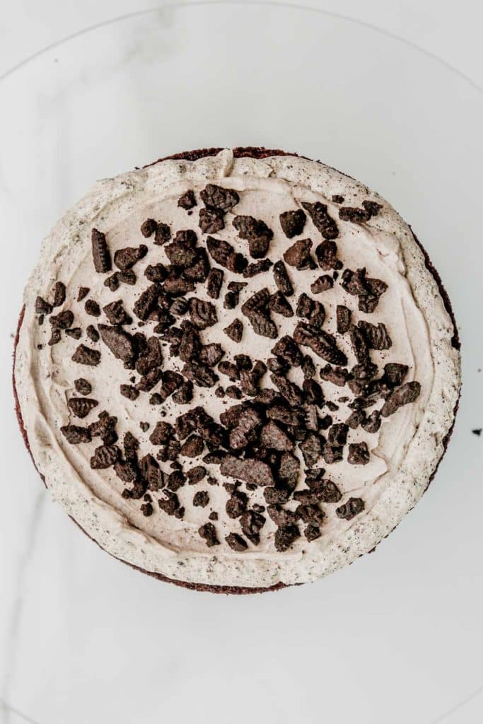 chocolate cake layer with crushed oreos