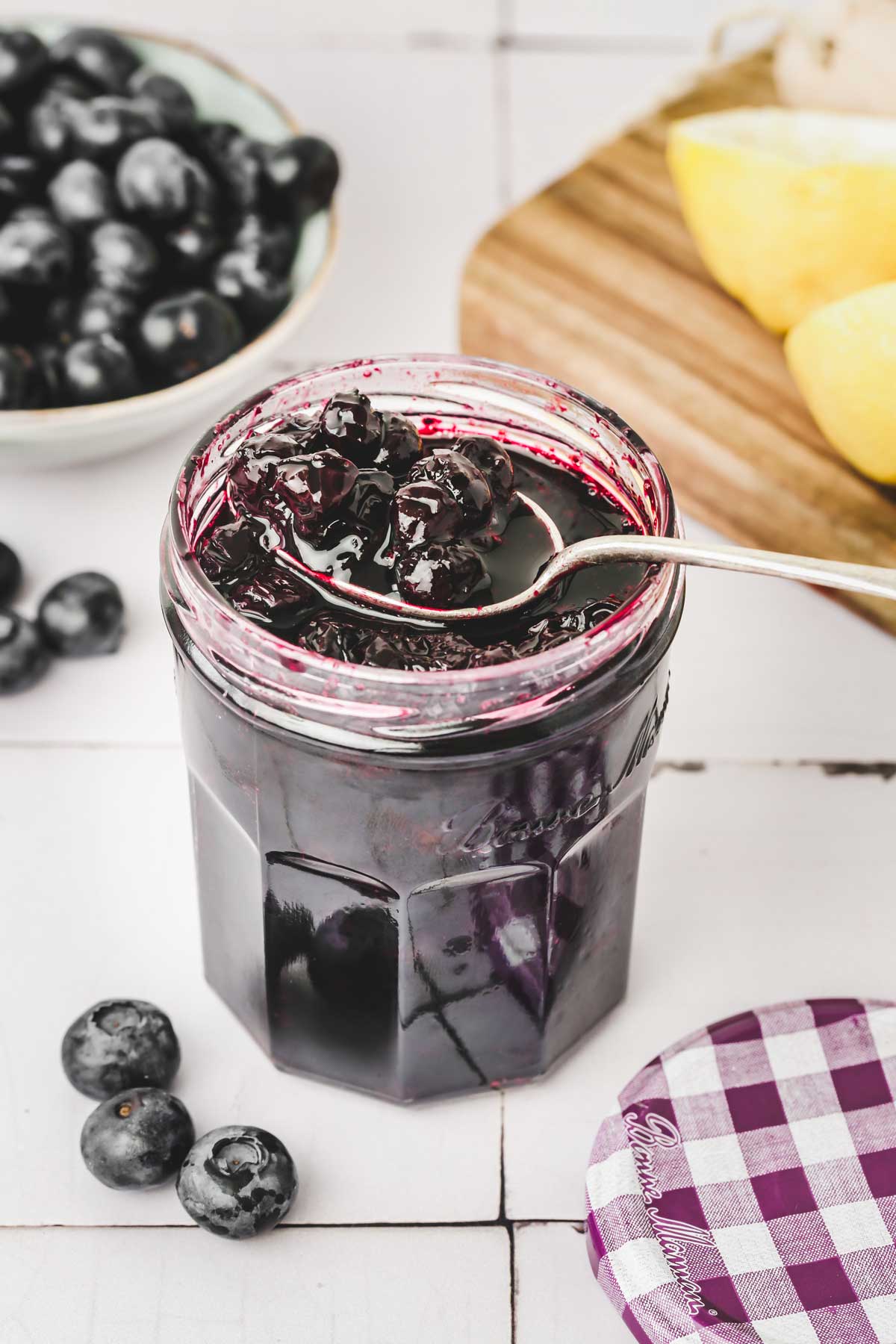 mason jar with blueberry compote