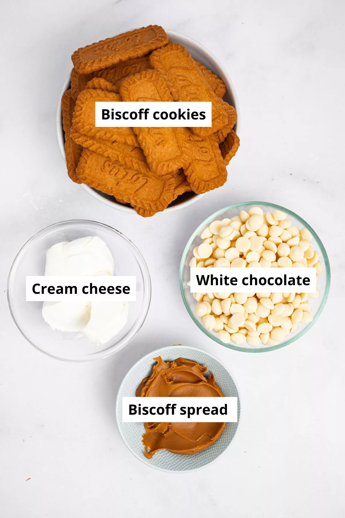 ingredients for biscoff cake pops in small bowls