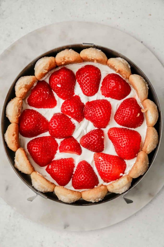 cercle à pâtisserie avec des biscuits à la cuillères et des fraises