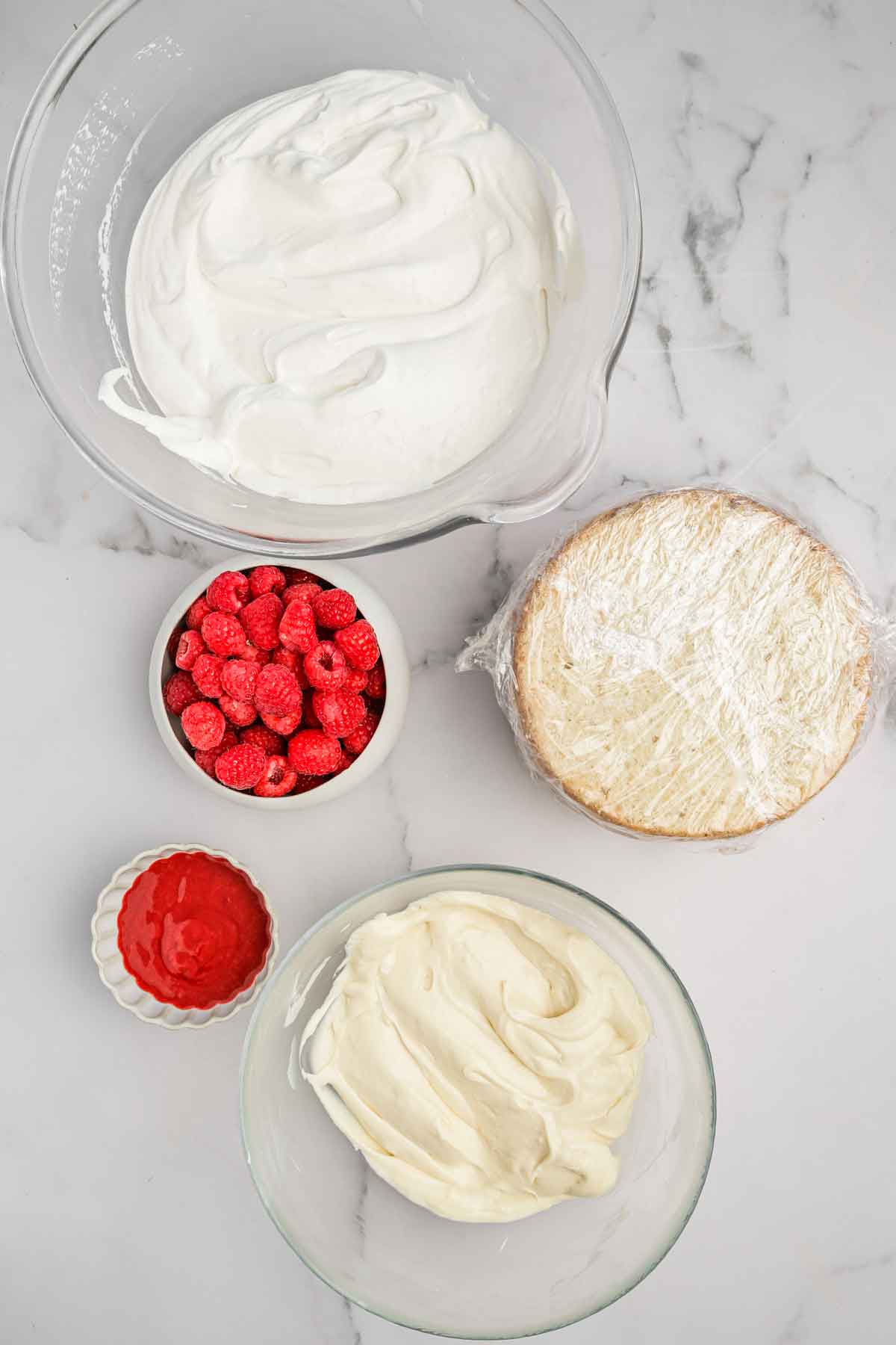 bowl withs ingredients and cake