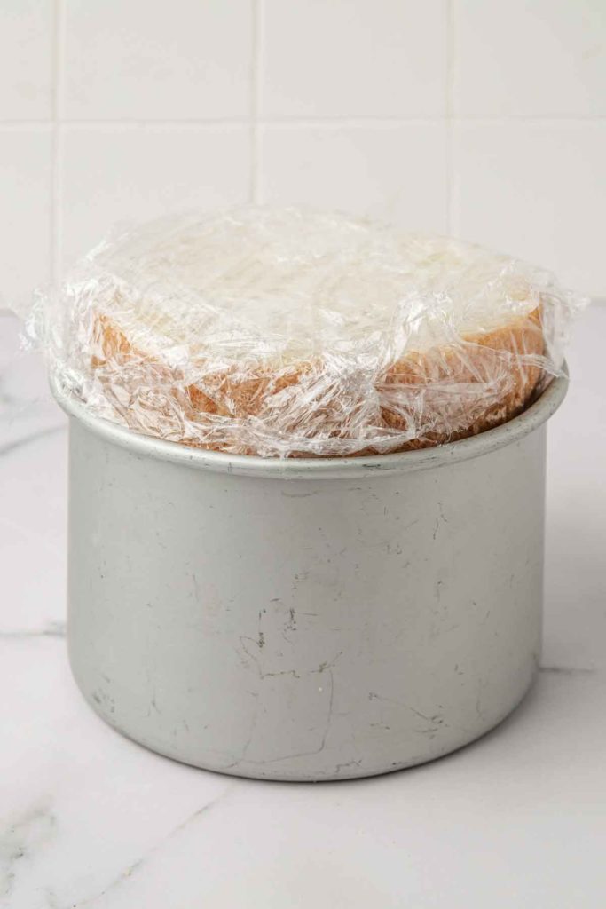 cake pan with layer of cake 