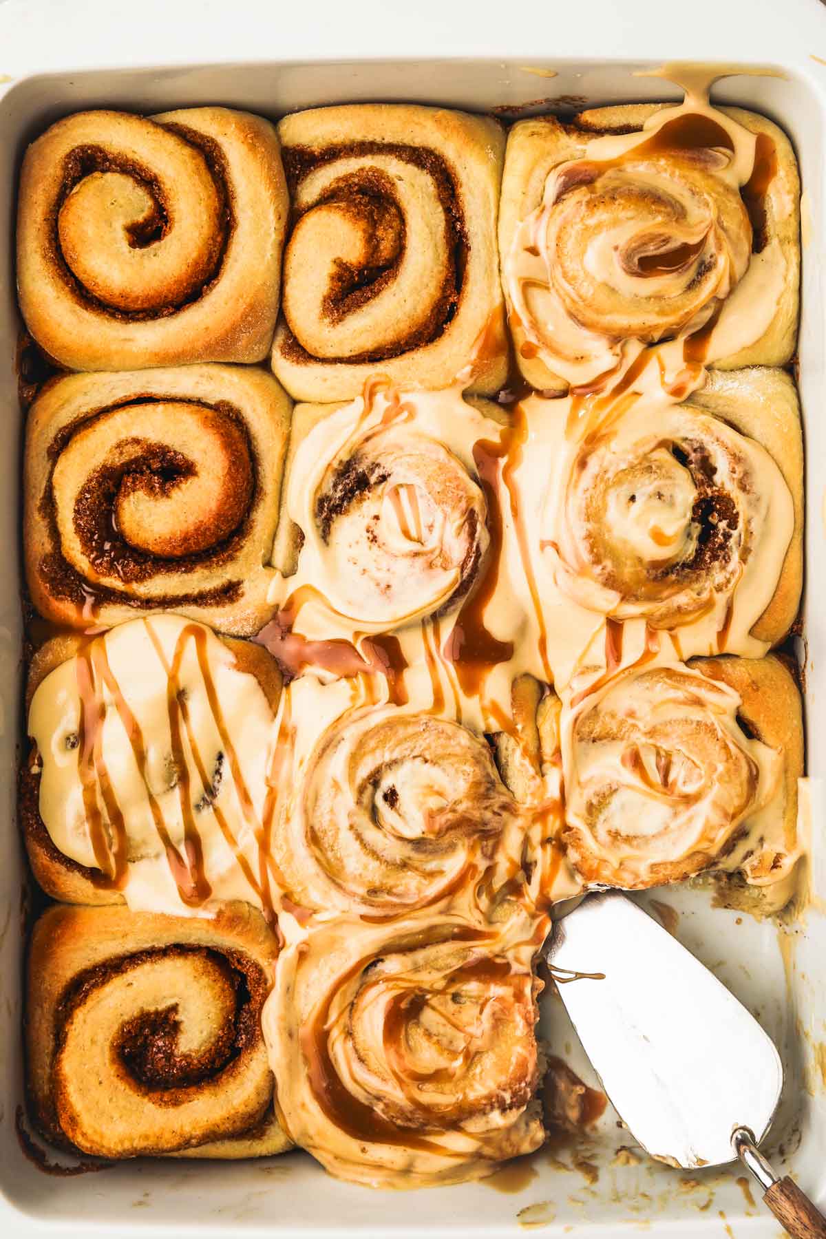 baking dish with caramel rolls