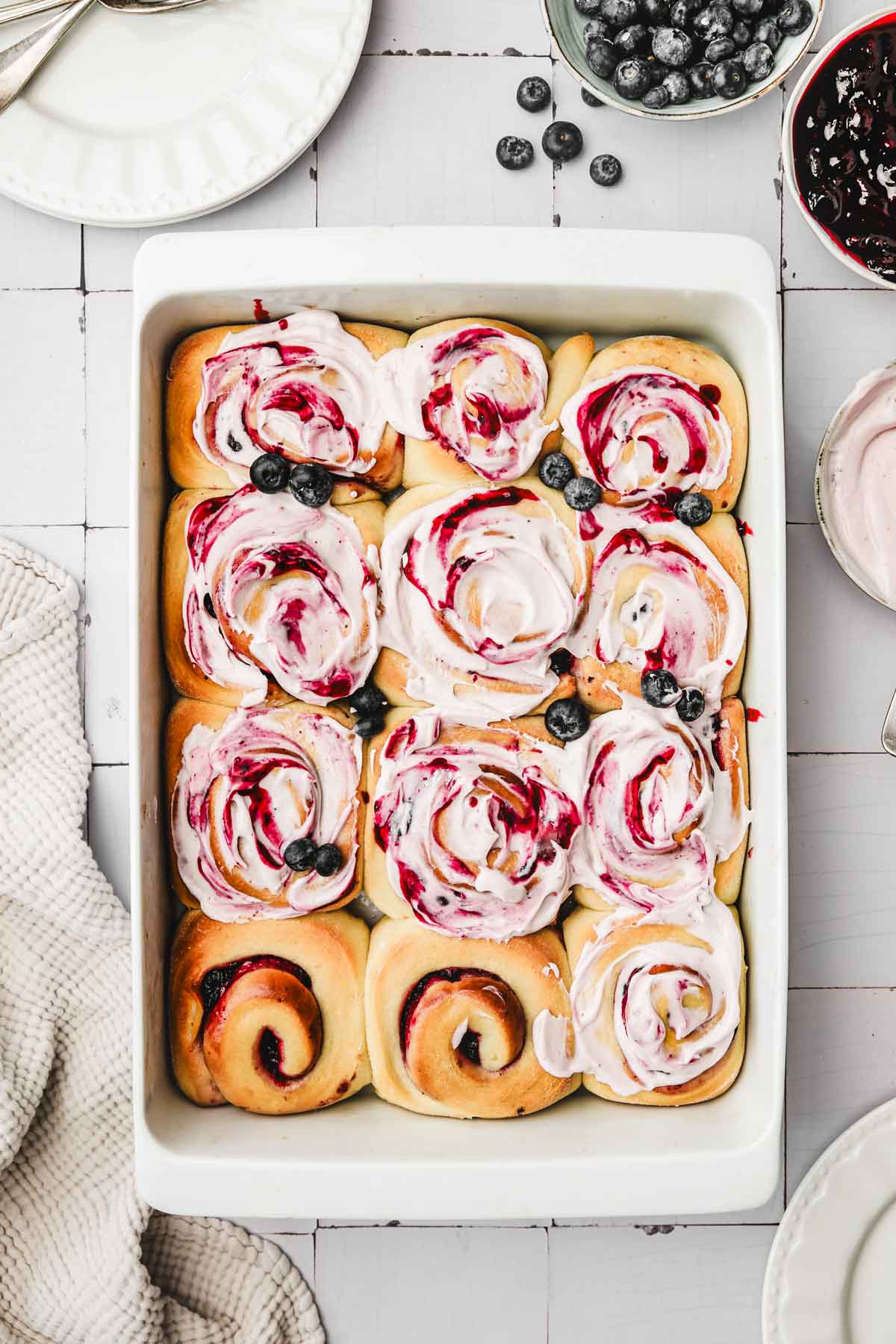 baking dish with baked blueberry cinnamon rolls