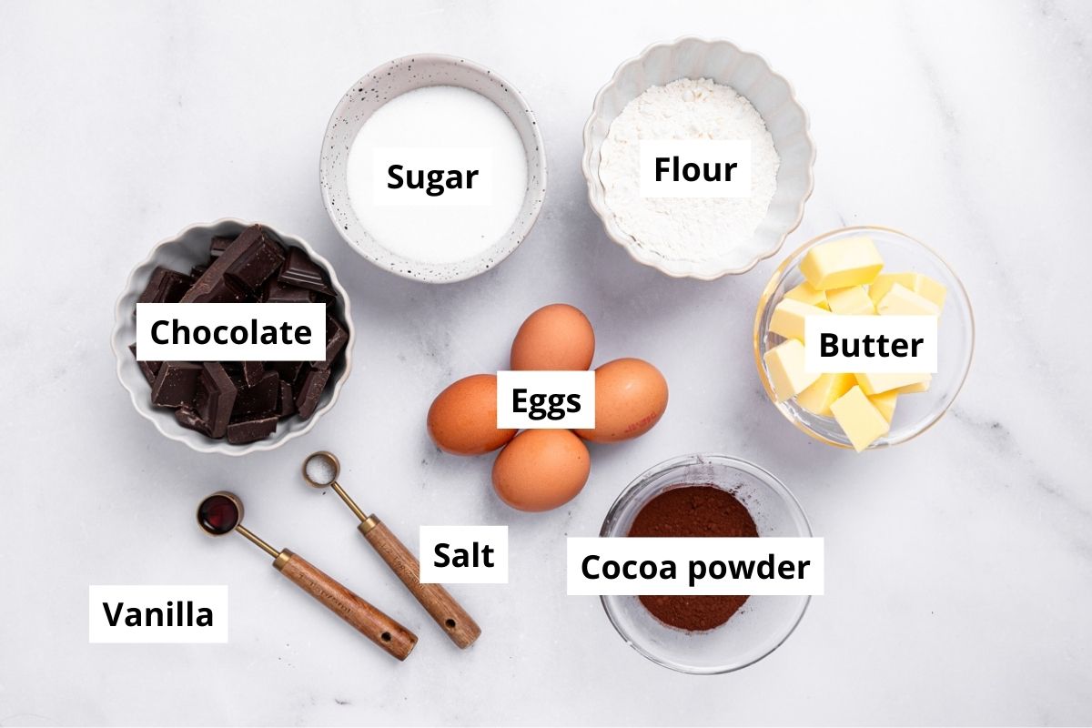 ingredients for fudgy brownies in bowls