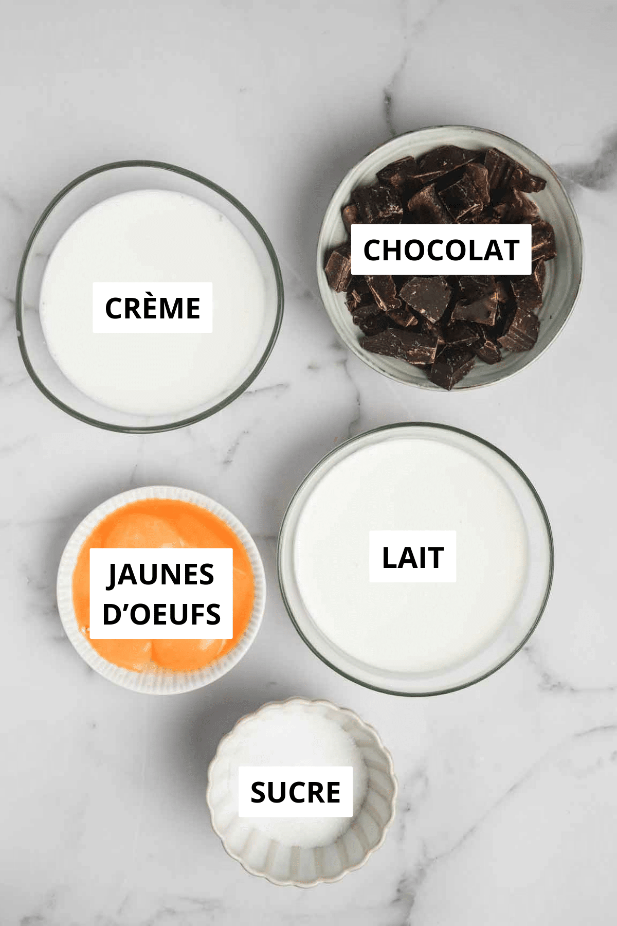 bols avec des ingrédients pour faire un crémeux chocolat