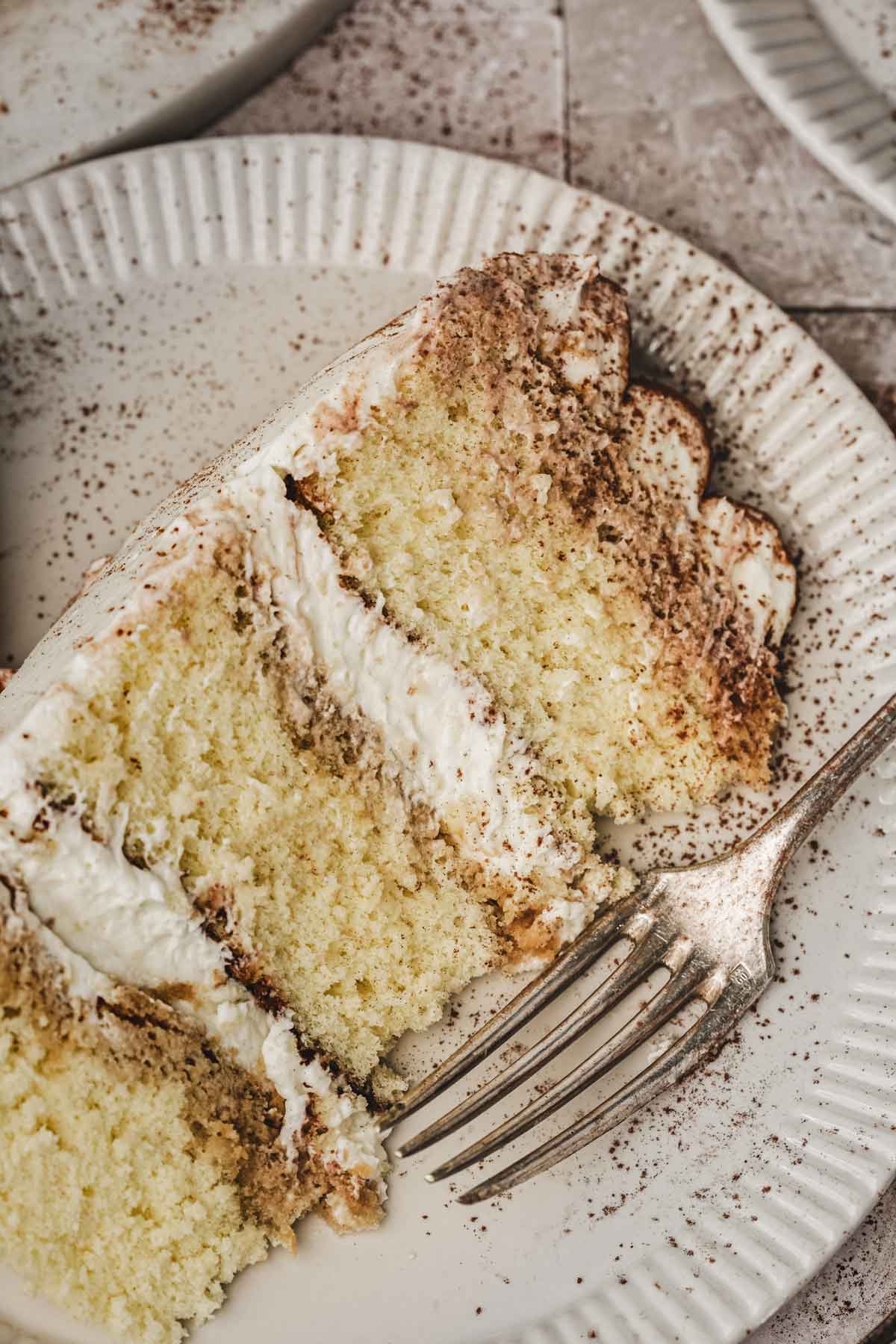 slice of tiramisu cake with mascarpone cream and cocoa powder