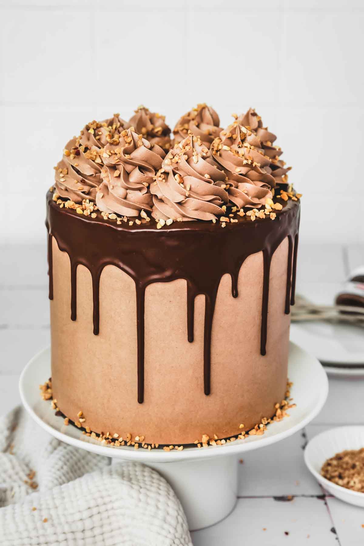 Nutella chocolate cake on a cake stand