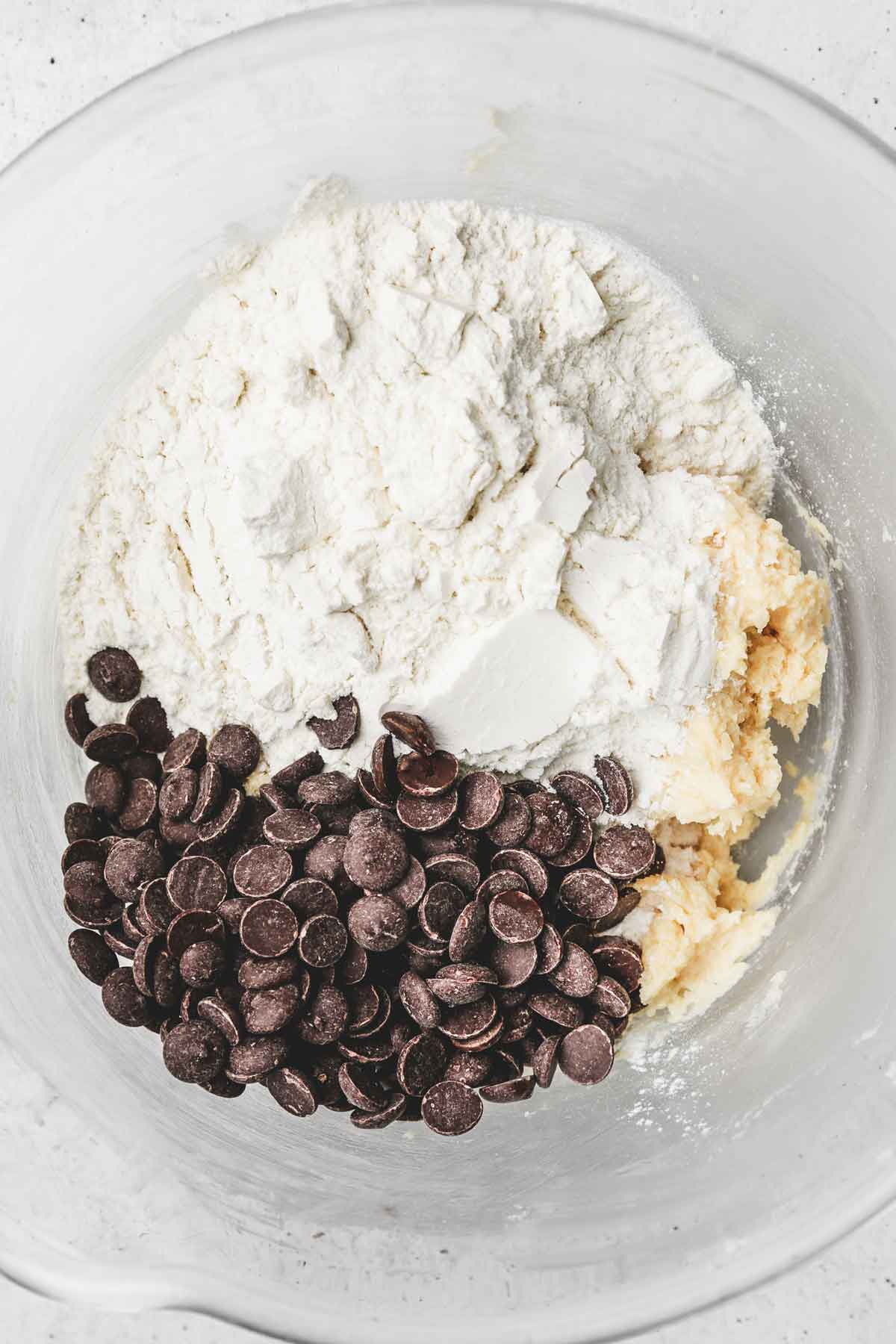 mixing bowl with flour and chocolate chips