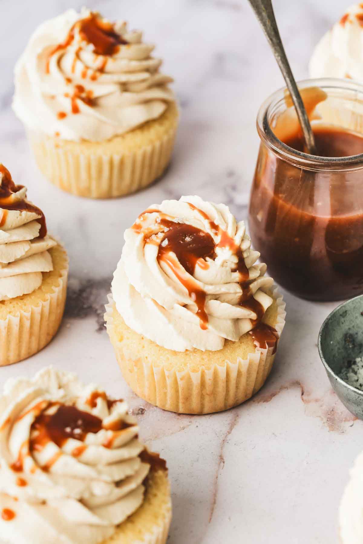 salted caramel cupcakes on a table