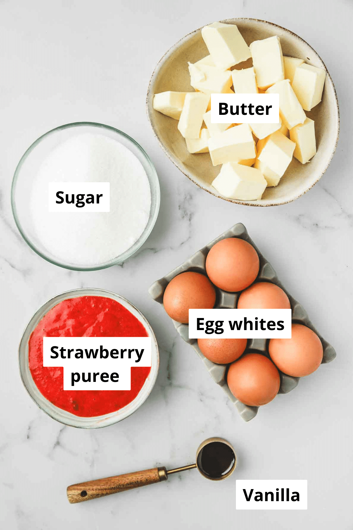 bowls with ingredients for strawberry swiss meringue buttercream