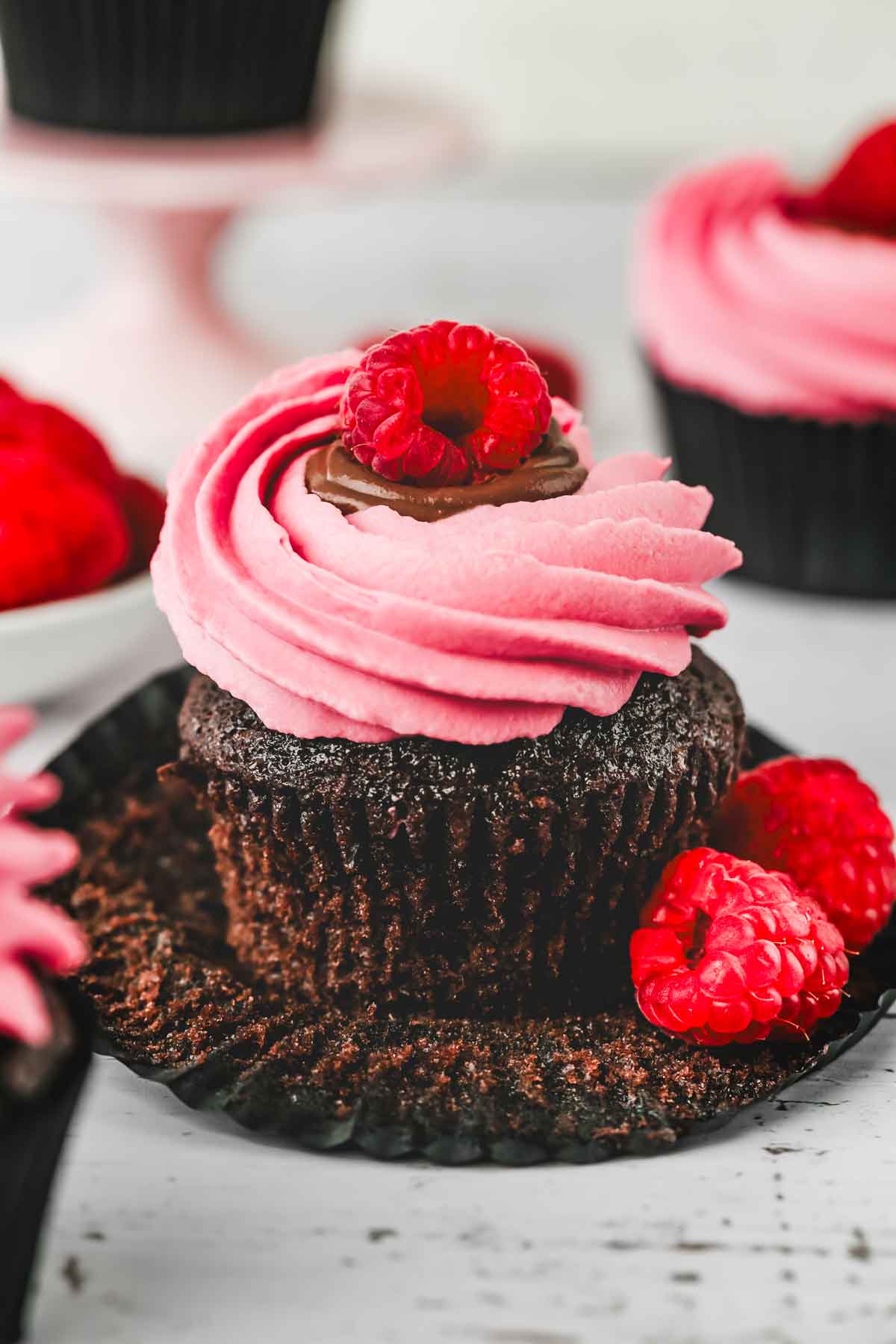 chocolate cupcake with raspberry frosting and chocolate filling 