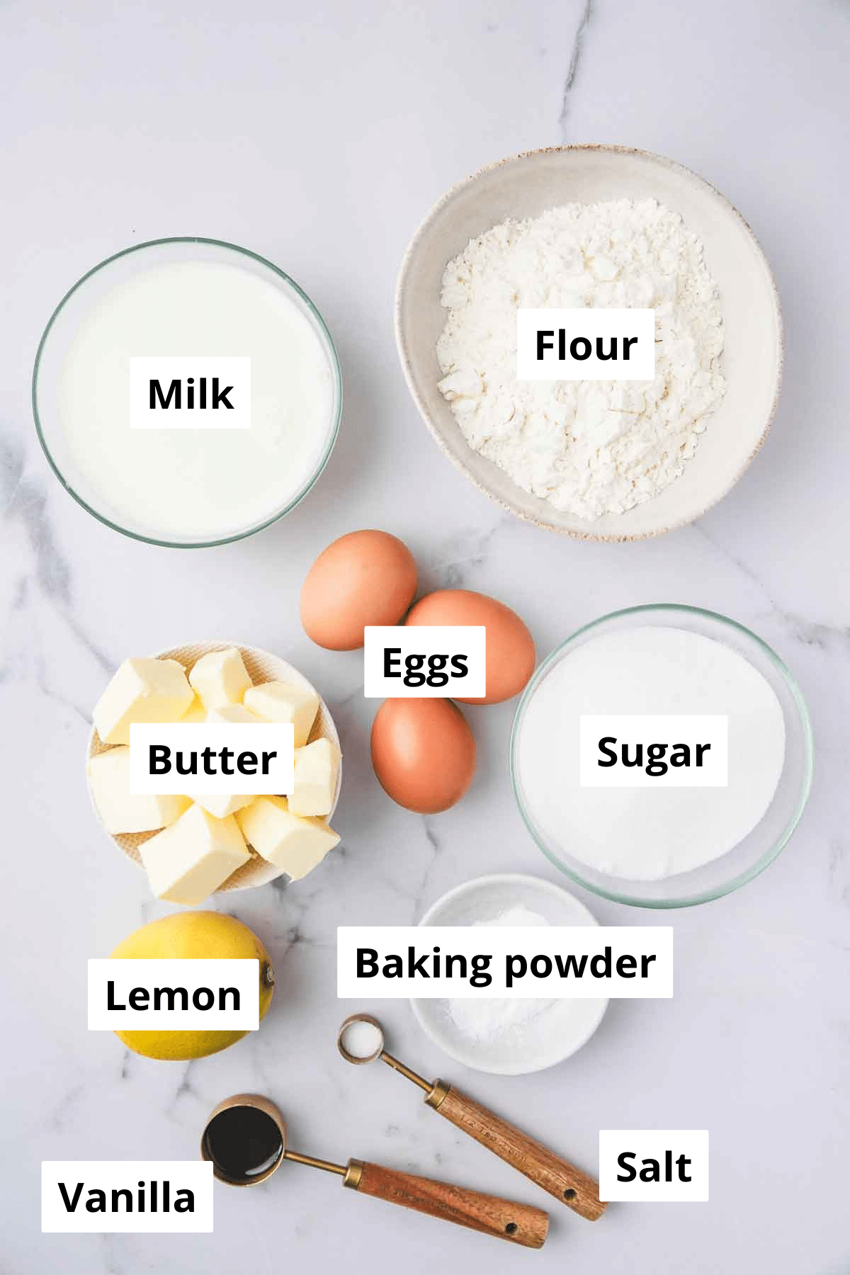 lemon sponge cake ingredients in bowls