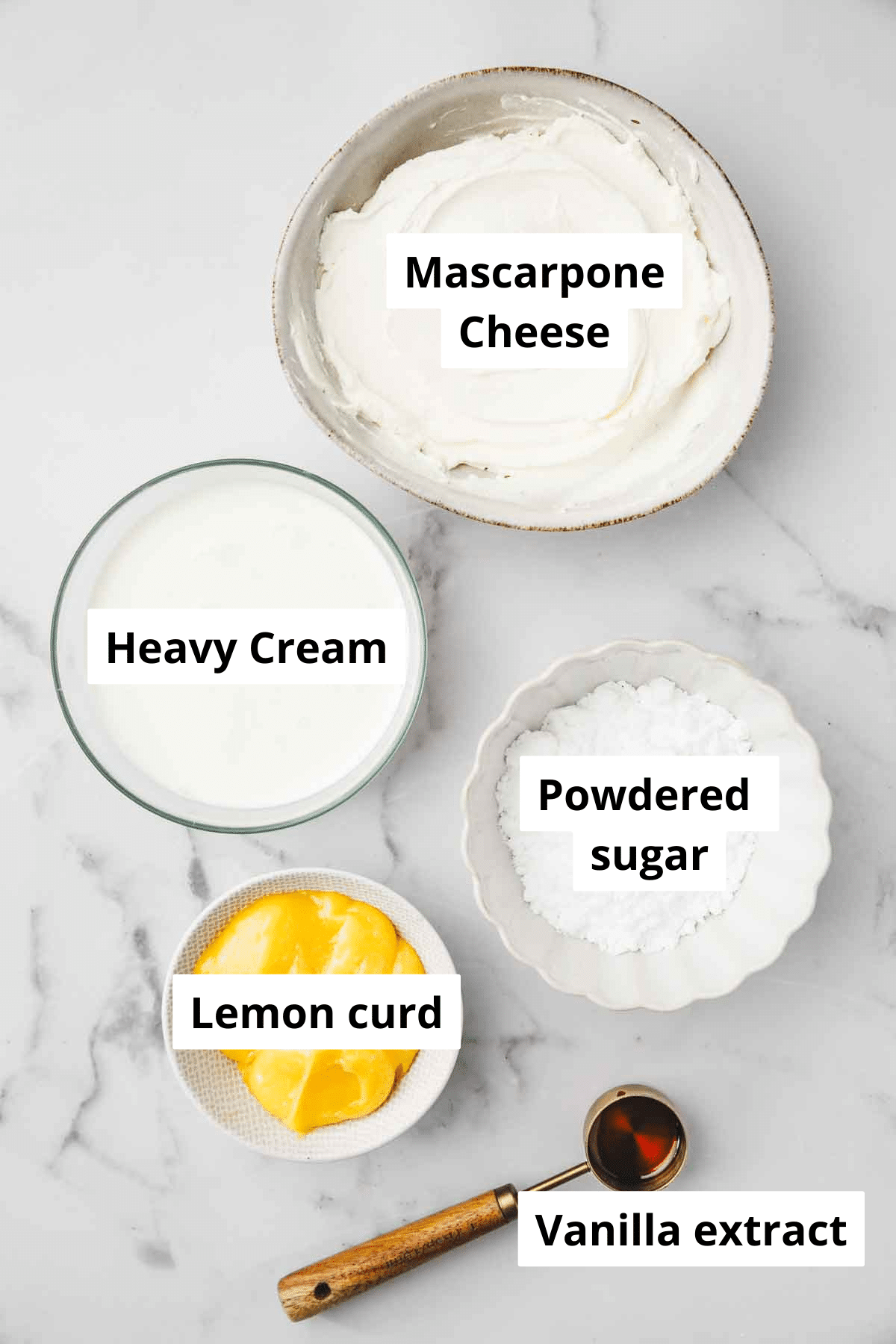lemon mascarpone frosting ingredients in bowls