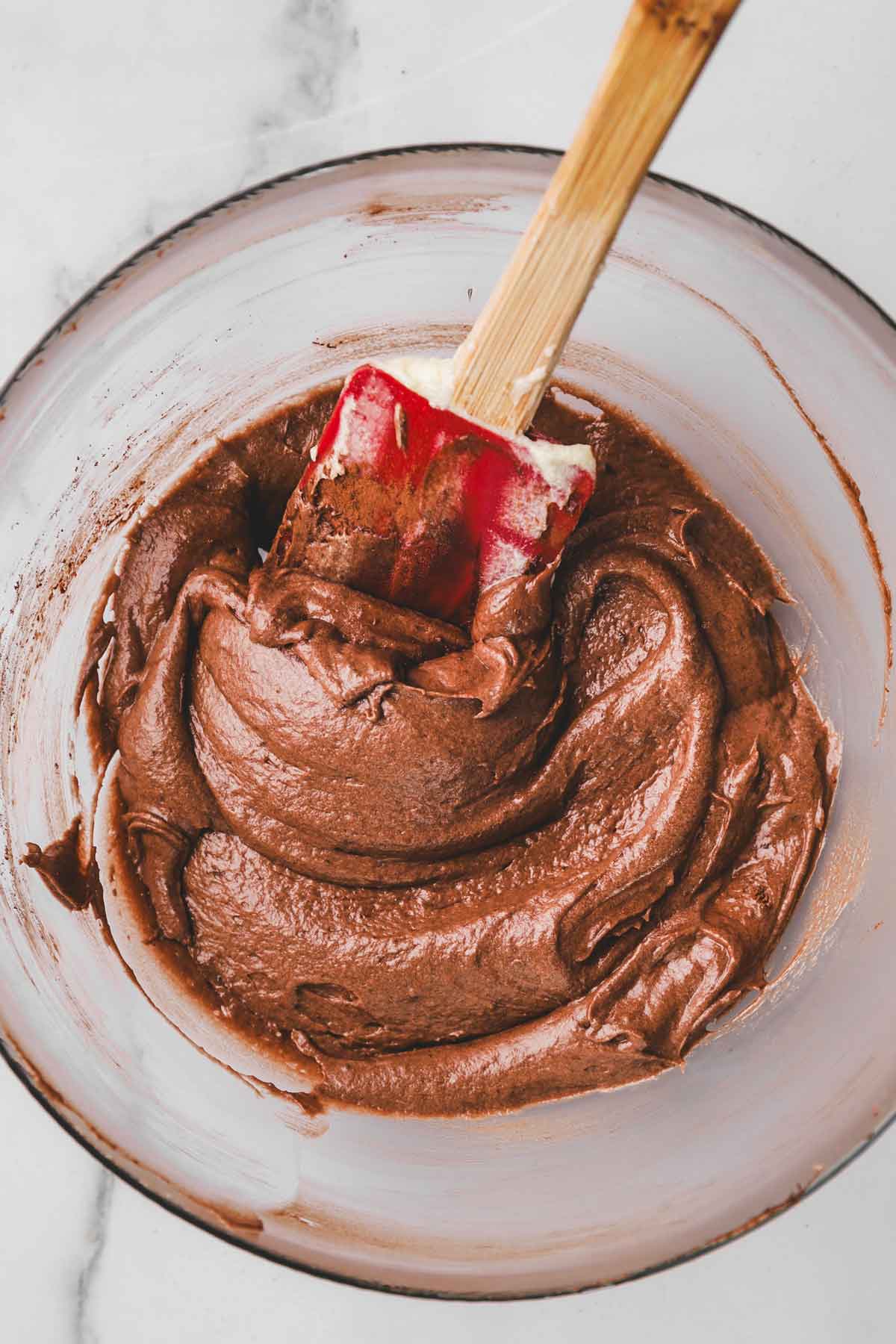 mixing bowl with chocolate cupcake batter