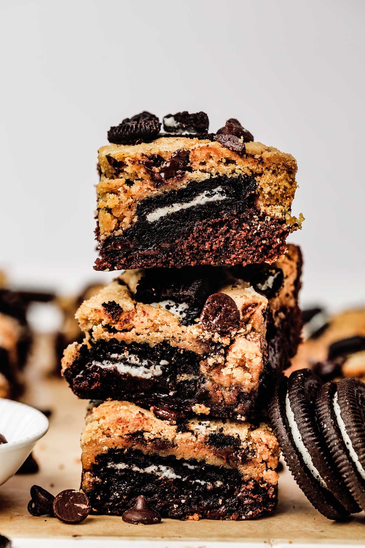 Single slice of Oreo brookie showing cookie, Oreo, and brownie layers