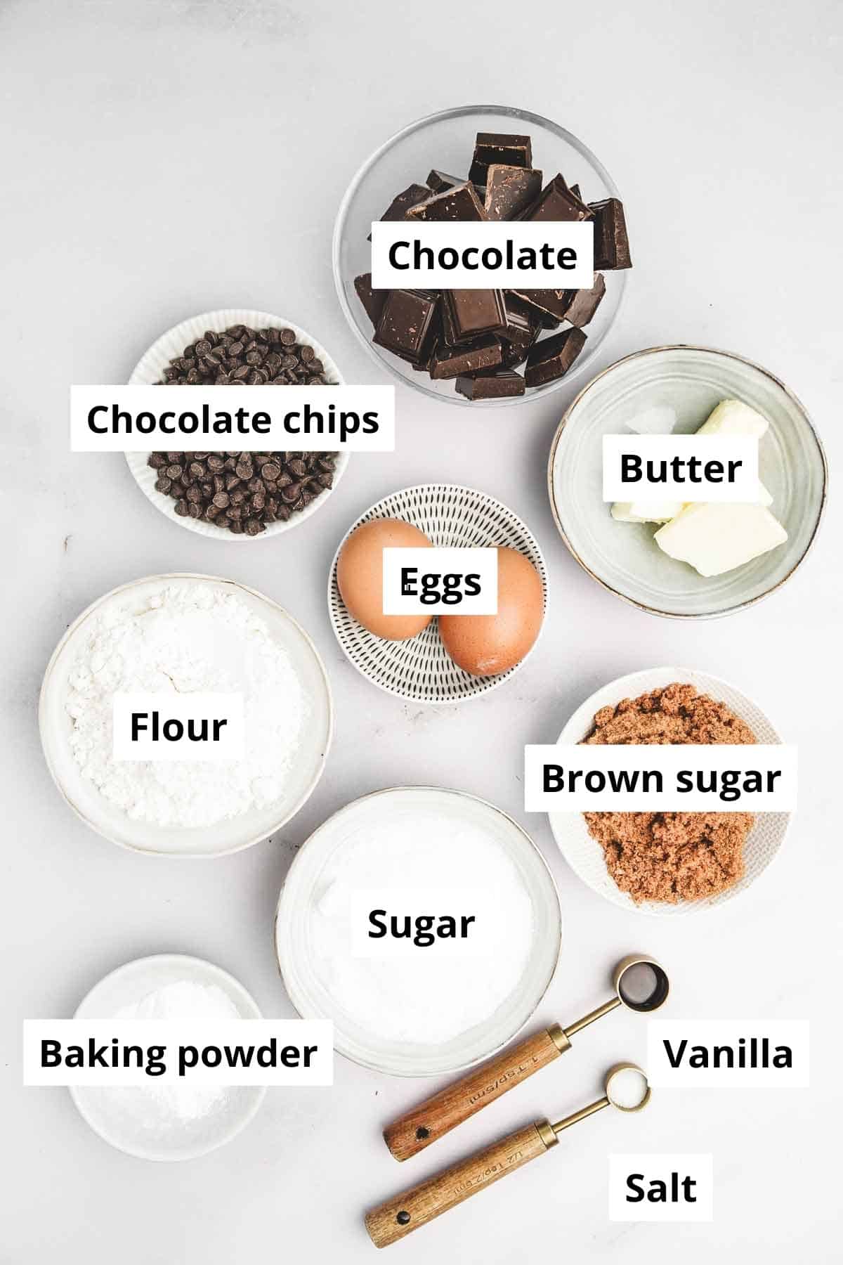 ingredients for brownie crinkle cookies in bowls