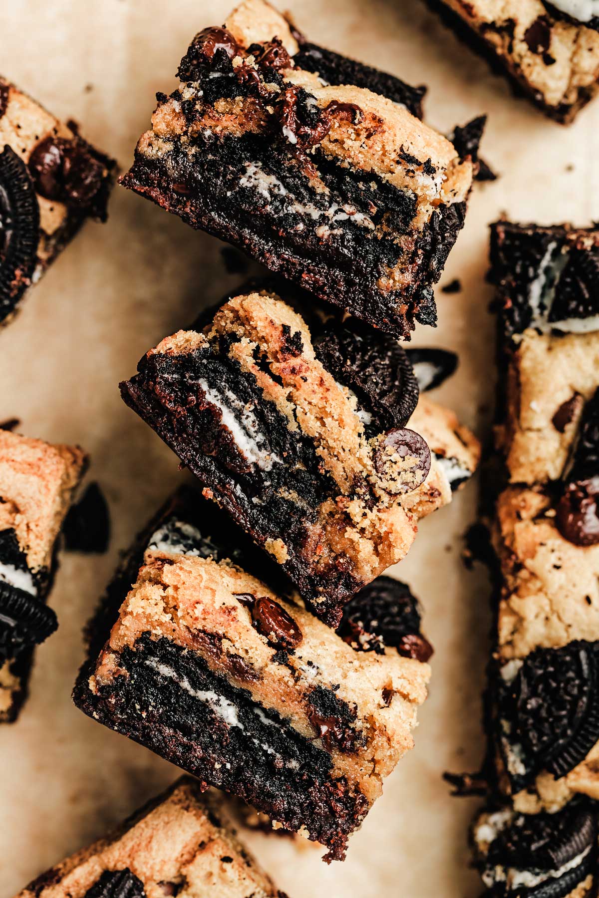 sliced baked oreo brookies on a table