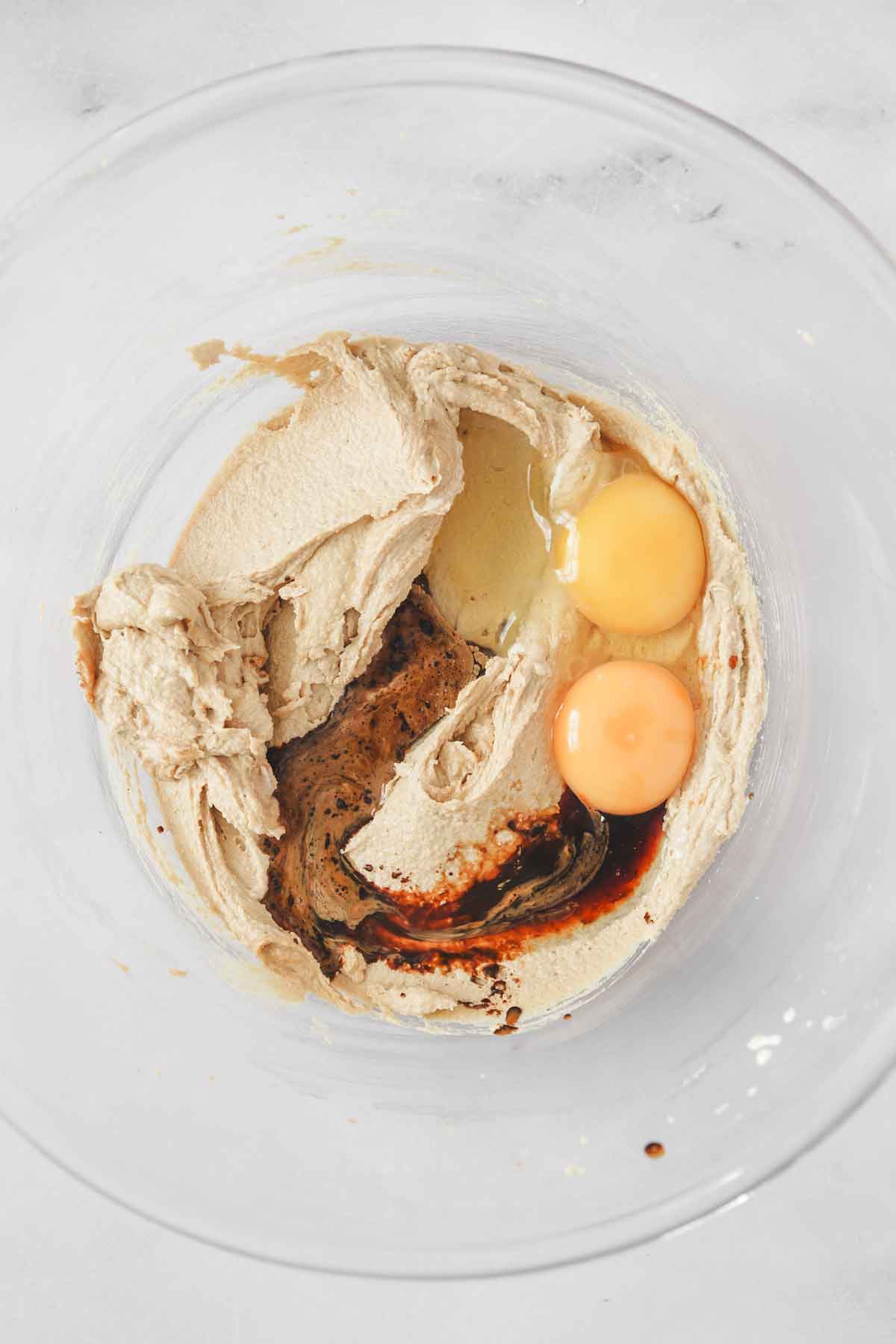 mixing bowl with creamed butter and eggs