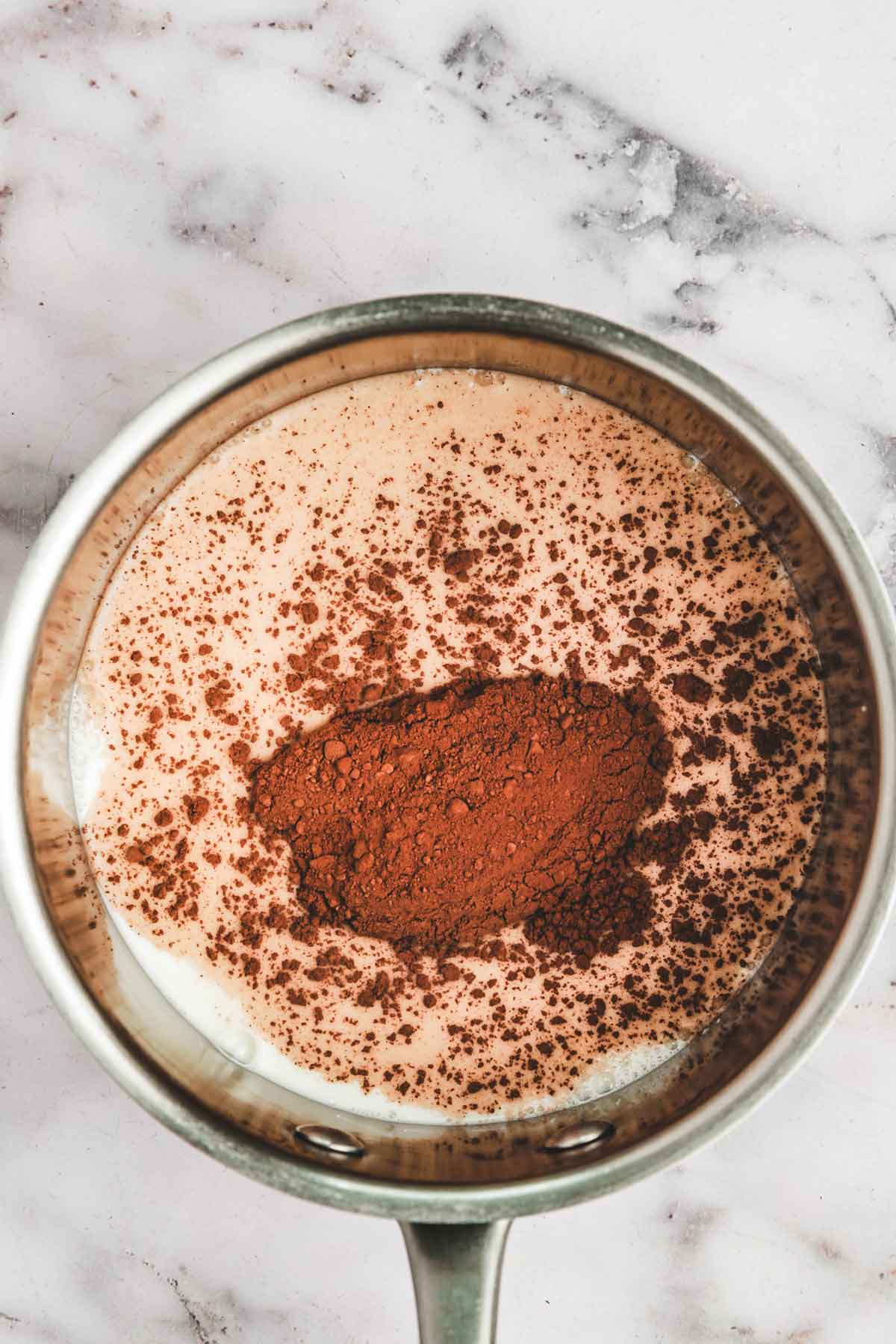 saucepan with milk and cocoa powder