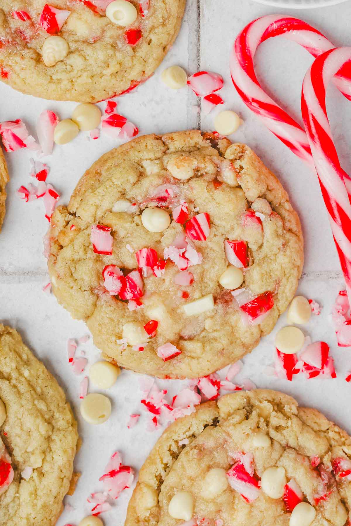 candy cane white chocolate chip cookies on a table