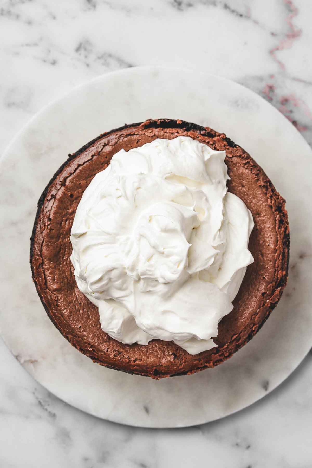 baked cocoa cheesecake with whipped cream topping