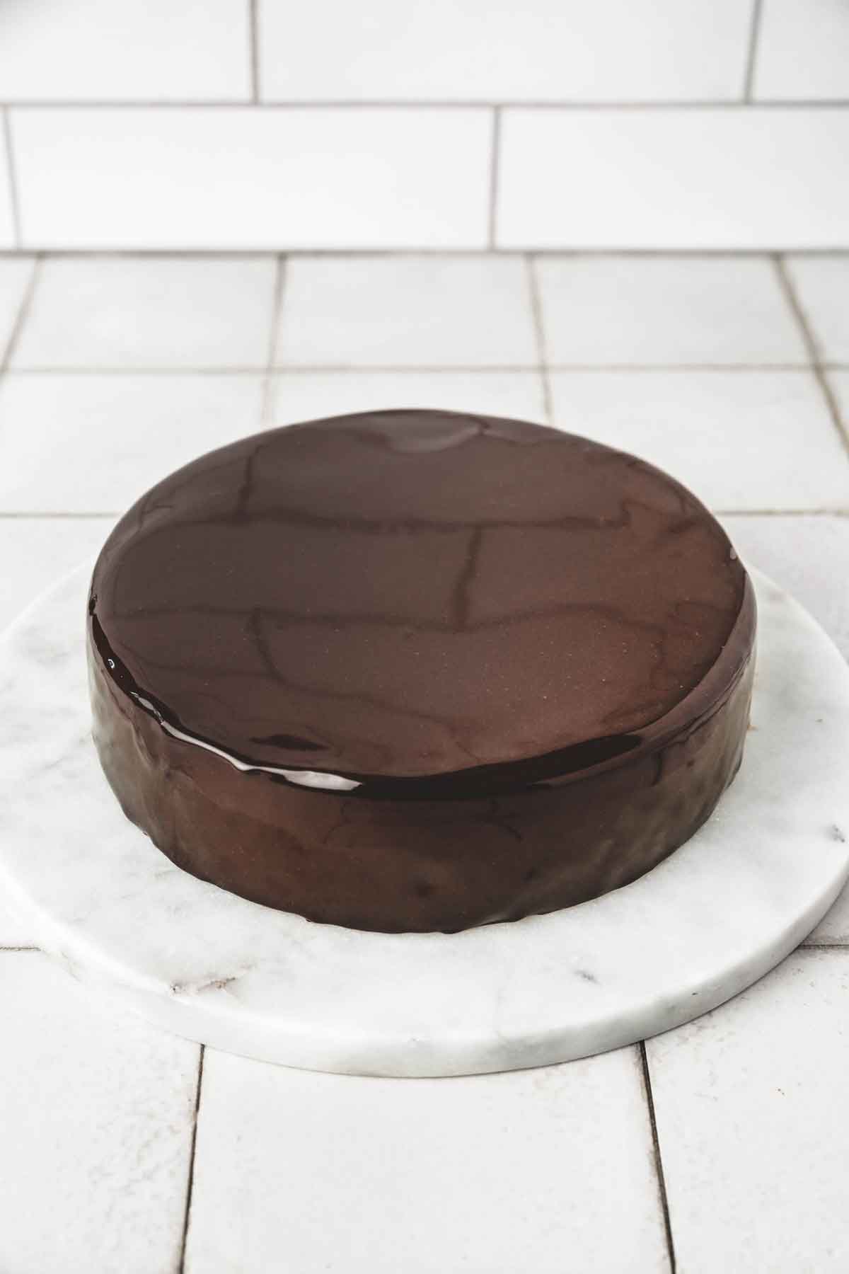 chocolate mirror cake on a plate