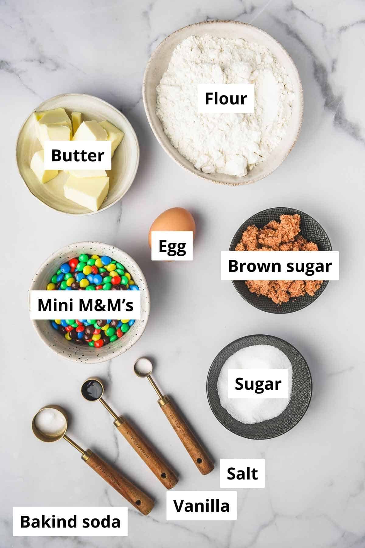 bowls with ingredient for mms cookies
