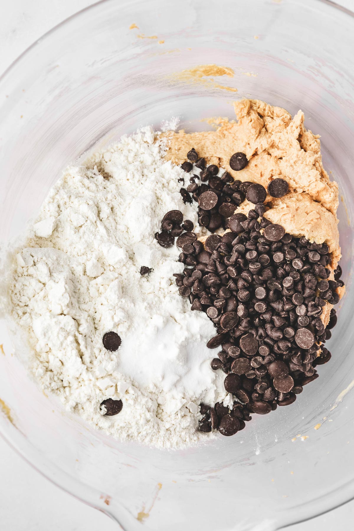 mixing bowl with chocolate chip and flour mixture