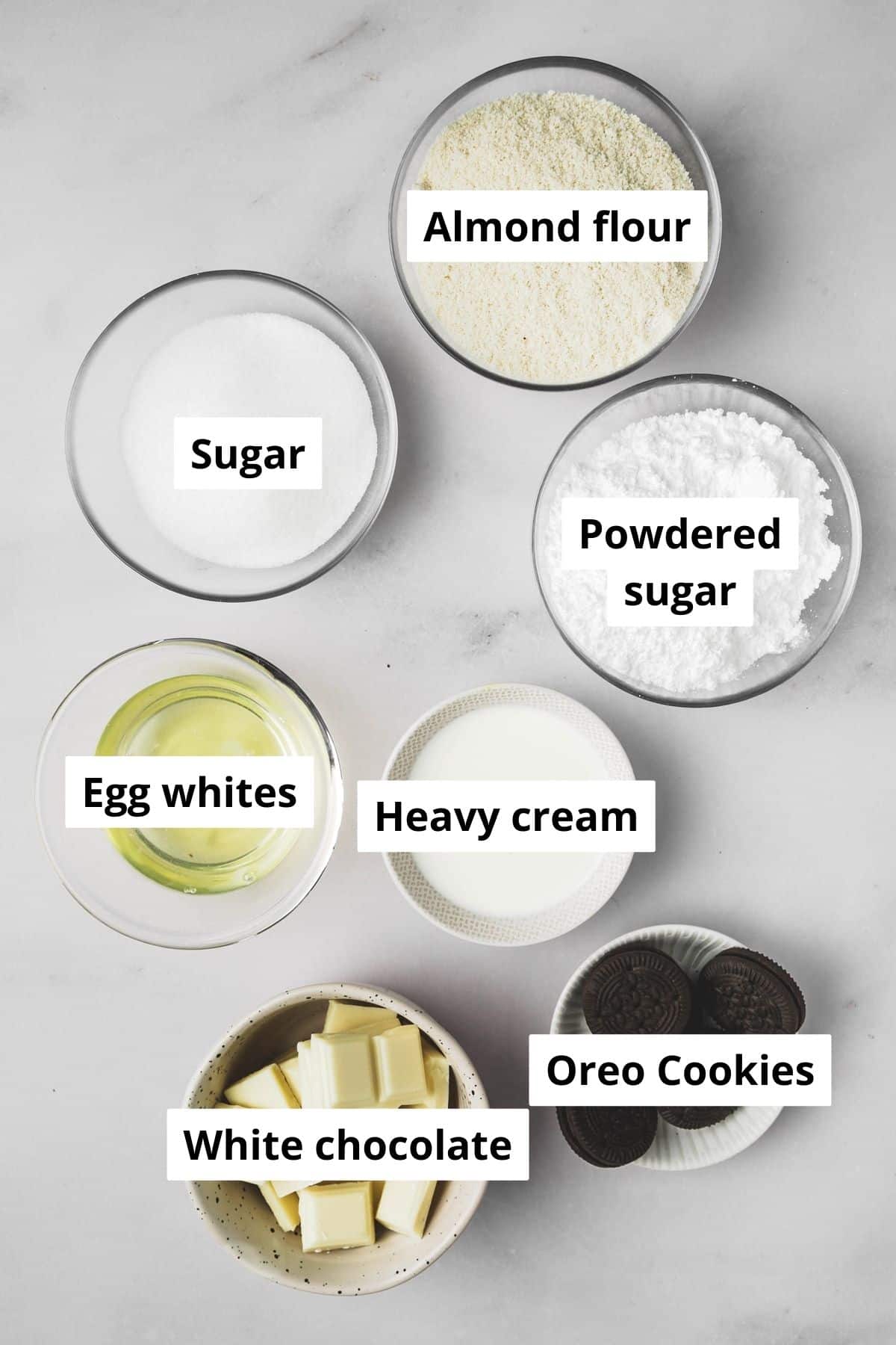 bowls with ingredients for Oreo macarons