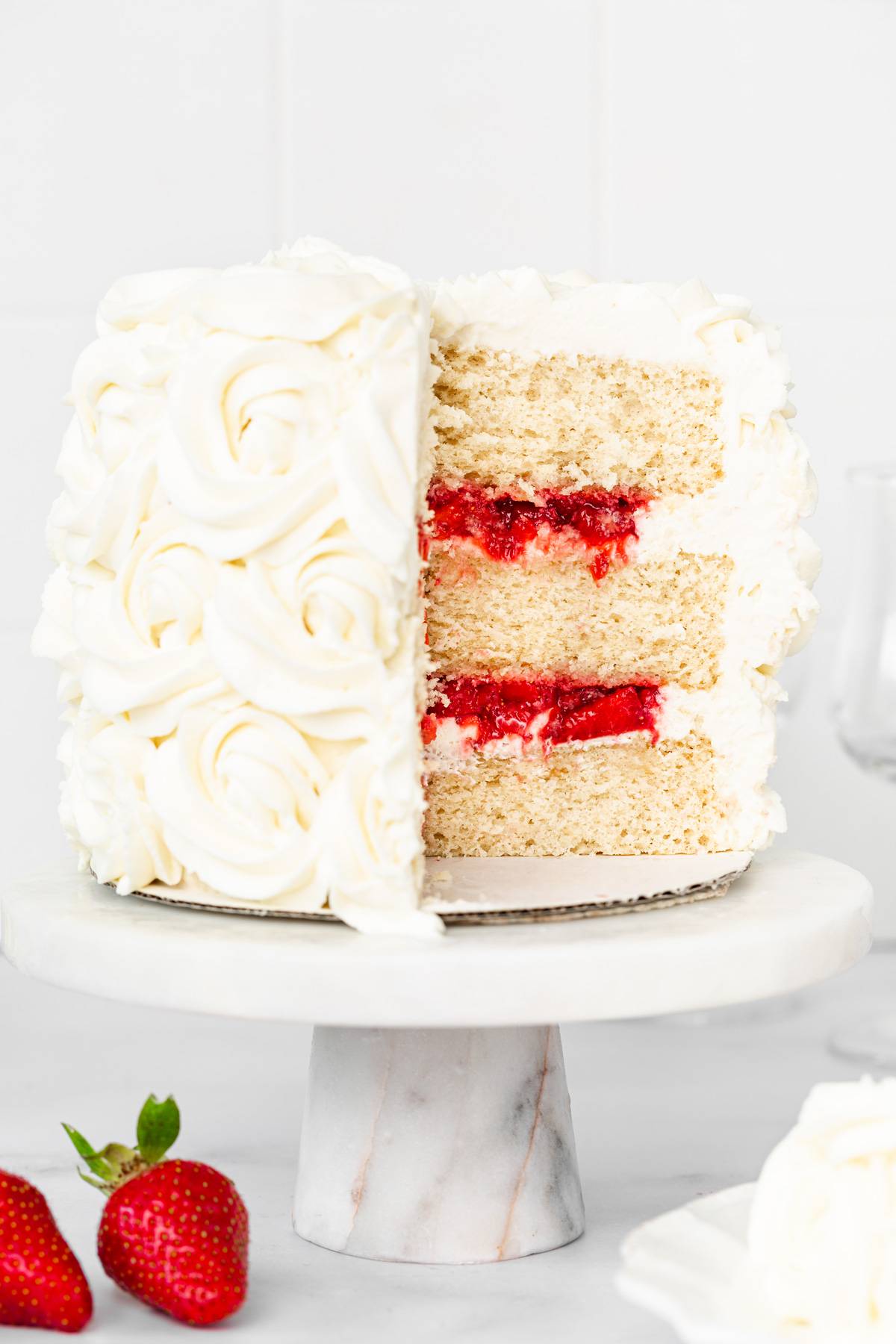sliced strawberry rose cake