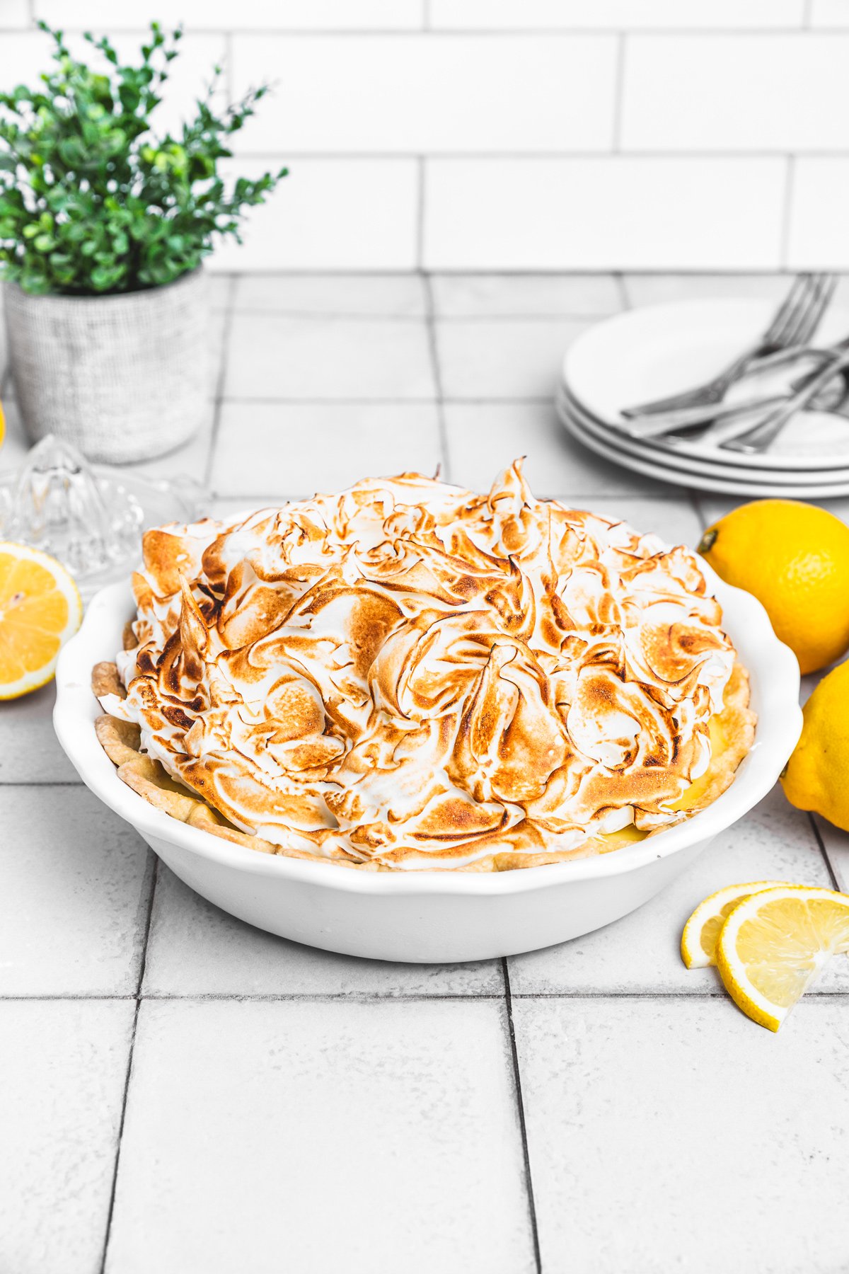 whole lemon meringue pie with toasted meringue topping
