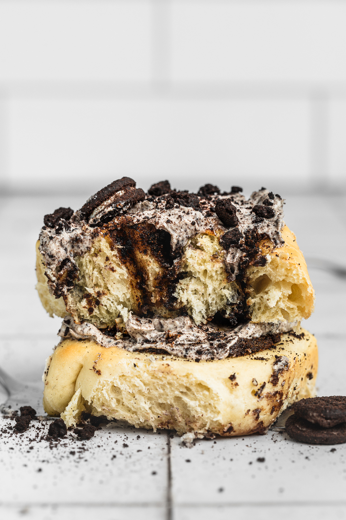 Sliced Oreo cinnamon rolls with visible layers of chocolate cookie filling