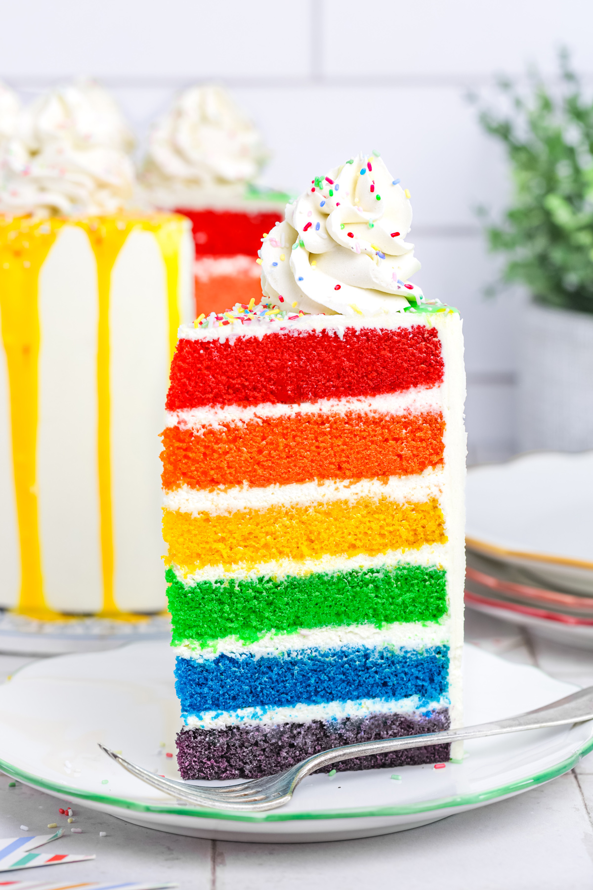 Slice of rainbow cake served on a plate
