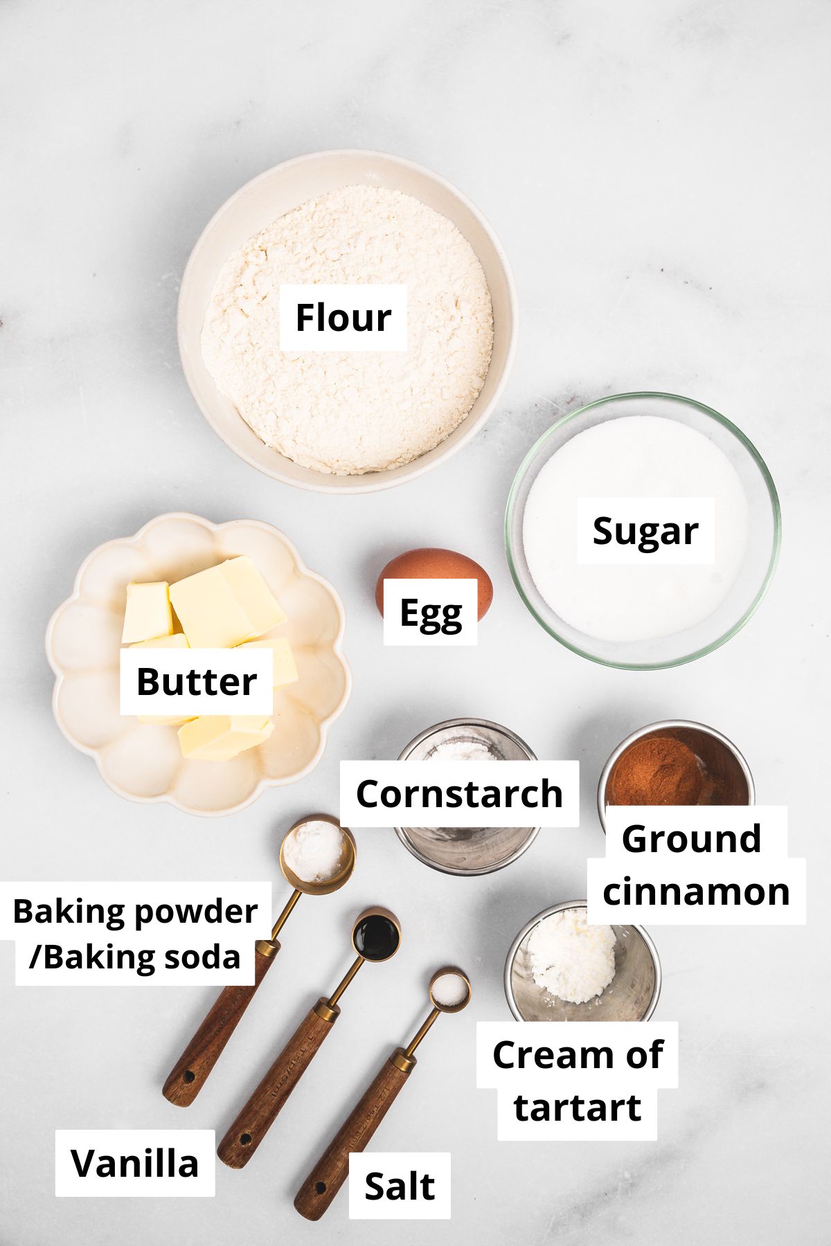 Ingredients in bowls for brown butter snickerdoodles